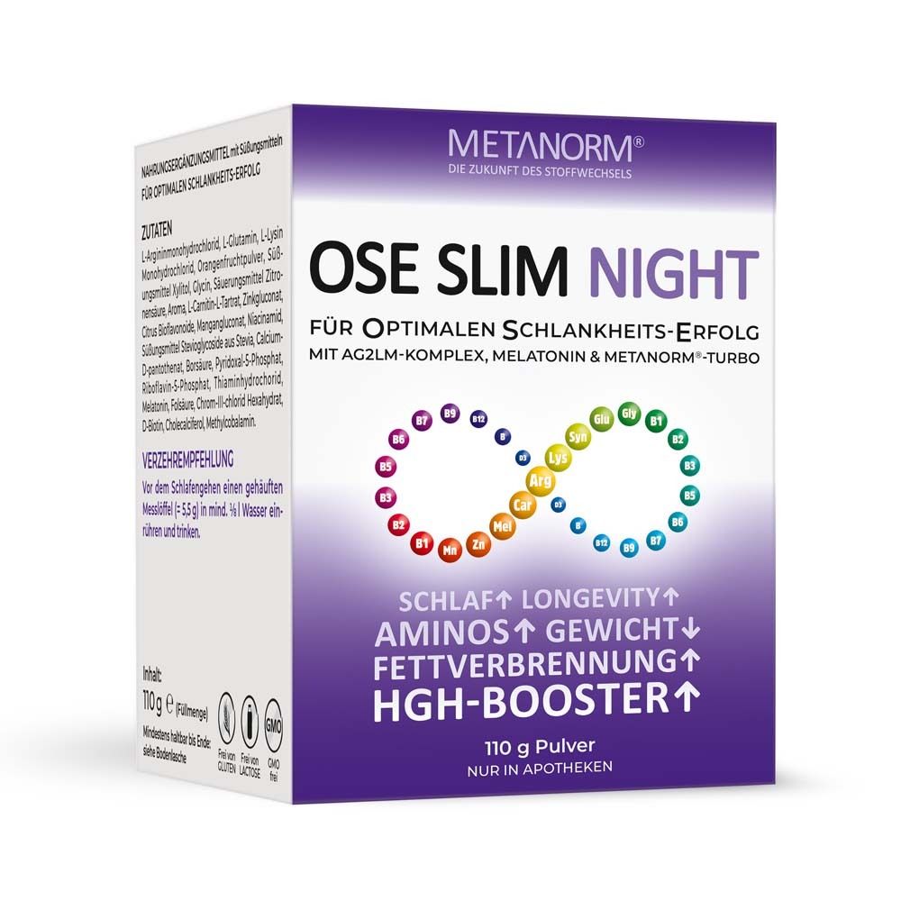 METANORM OSE Slim Night Pulver-Box. Lila-weiß. Text: OSE Slim Night, für optimalen Schlankheitserfolg. 110g Pulver. Apotheken.