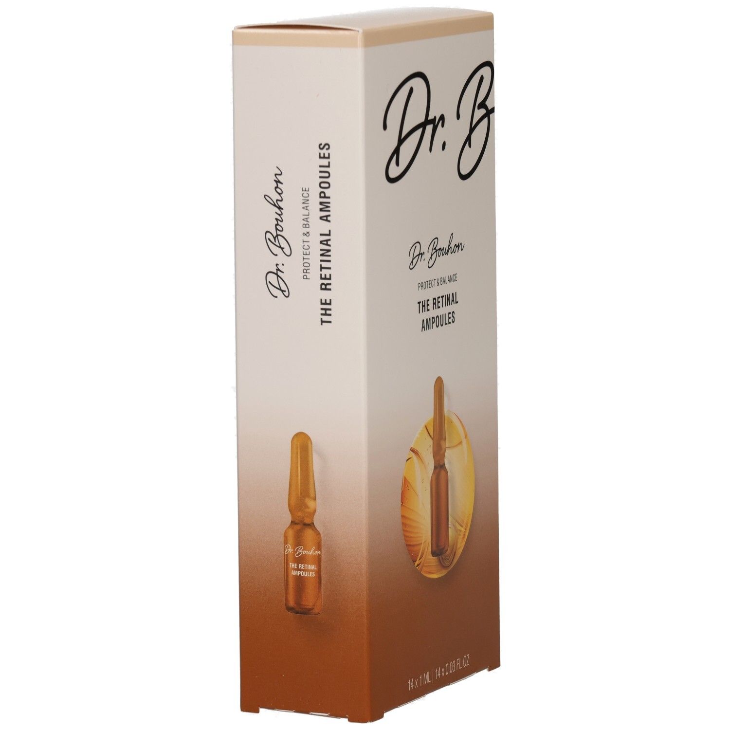 Seitenansicht der Dr. Bouhon The Retinal Ampullen Verpackung. Zeigt eine Ampulle und Produktnamen.