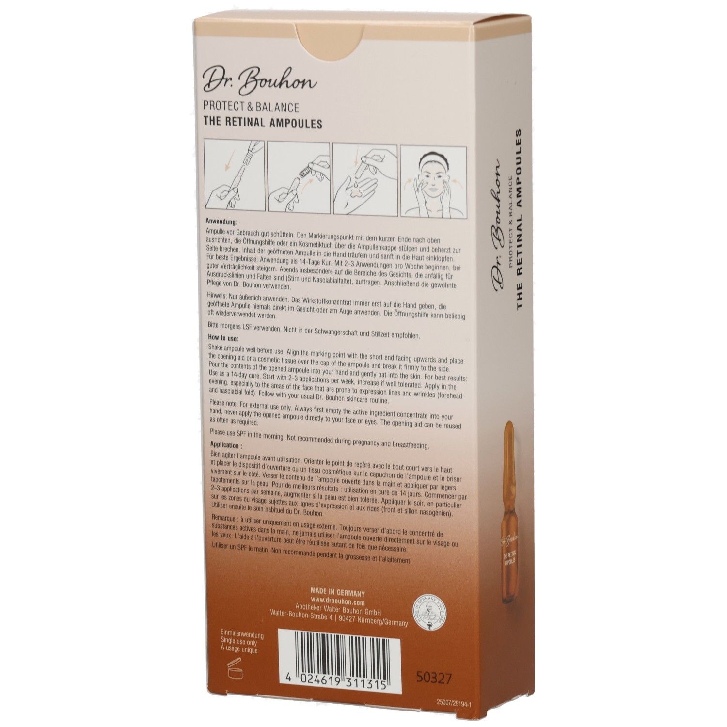 Rückseite der Dr. Bouhon The Retinal Ampullen Verpackung. Enthält Anweisungen und Produktinformationen.