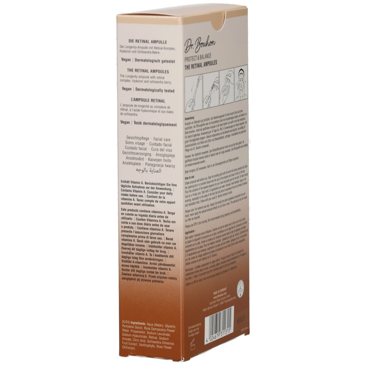 Rückseite der Dr. Bouhon The Retinal Ampullen Verpackung. Enthält Produktinformationen in mehreren Sprachen.