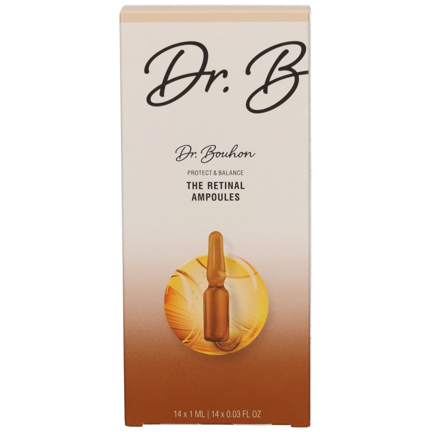 Vorderansicht der Dr. Bouhon The Retinal Ampullen Verpackung. Zeigt eine Ampulle und Produktnamen.