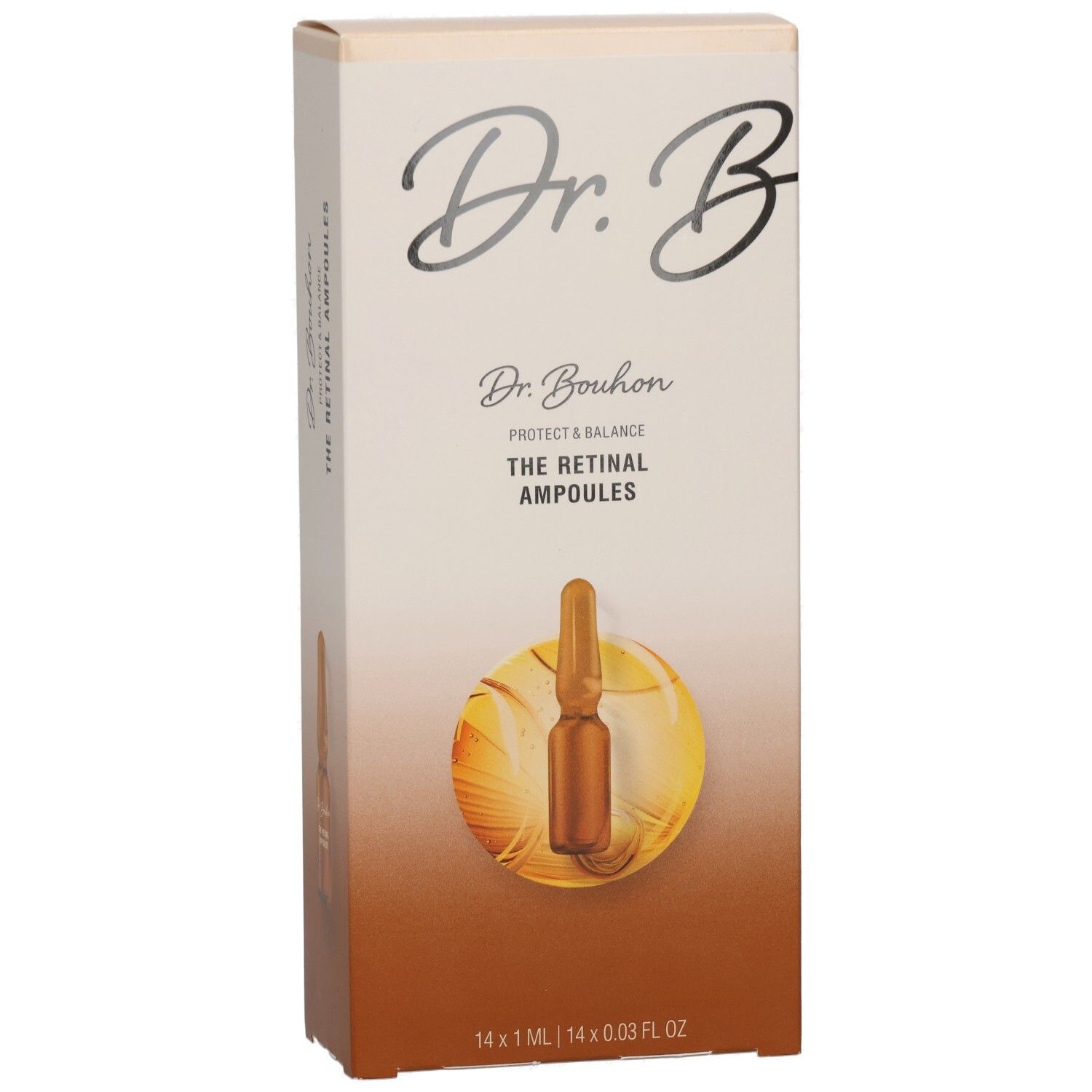 Vorderansicht der Dr. Bouhon The Retinal Ampullen Verpackung. Zeigt eine Ampulle und Produktnamen.