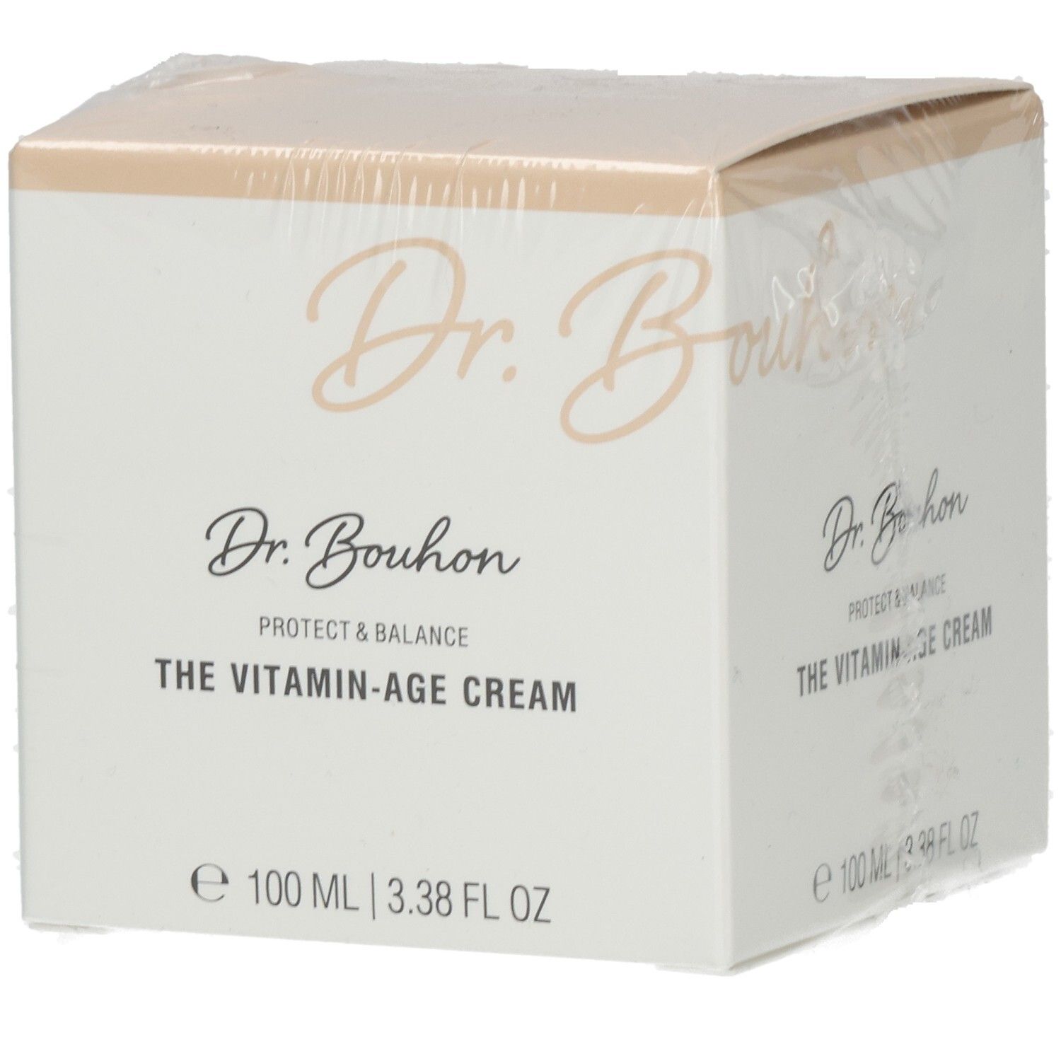 Verpackung von Dr. Bouhon The Vitamin-Age Cream. Weißer Karton mit Produktnamen und Logo. 100 ml.