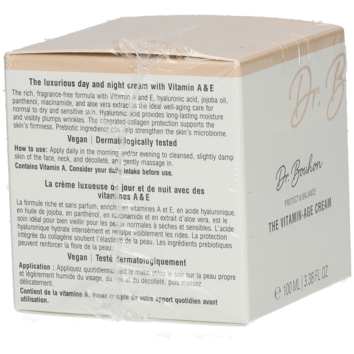 Rückseite der Verpackung von Dr. Bouhon The Vitamin-Age Cream. Text in Deutsch und Französisch. Vegan.