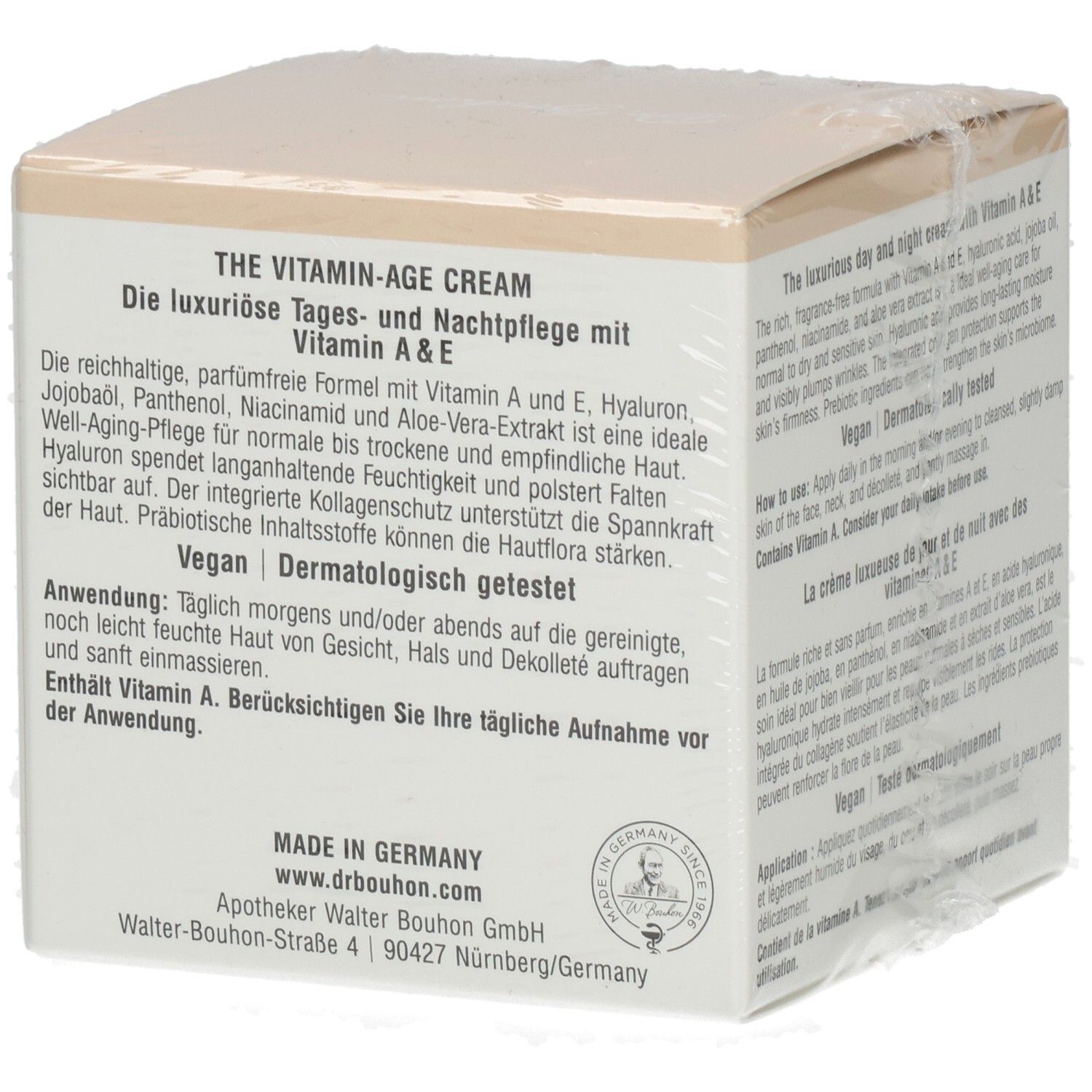 Rückseite der Verpackung von Dr. Bouhon The Vitamin-Age Cream. Text in Deutsch und Französisch. Vegan.