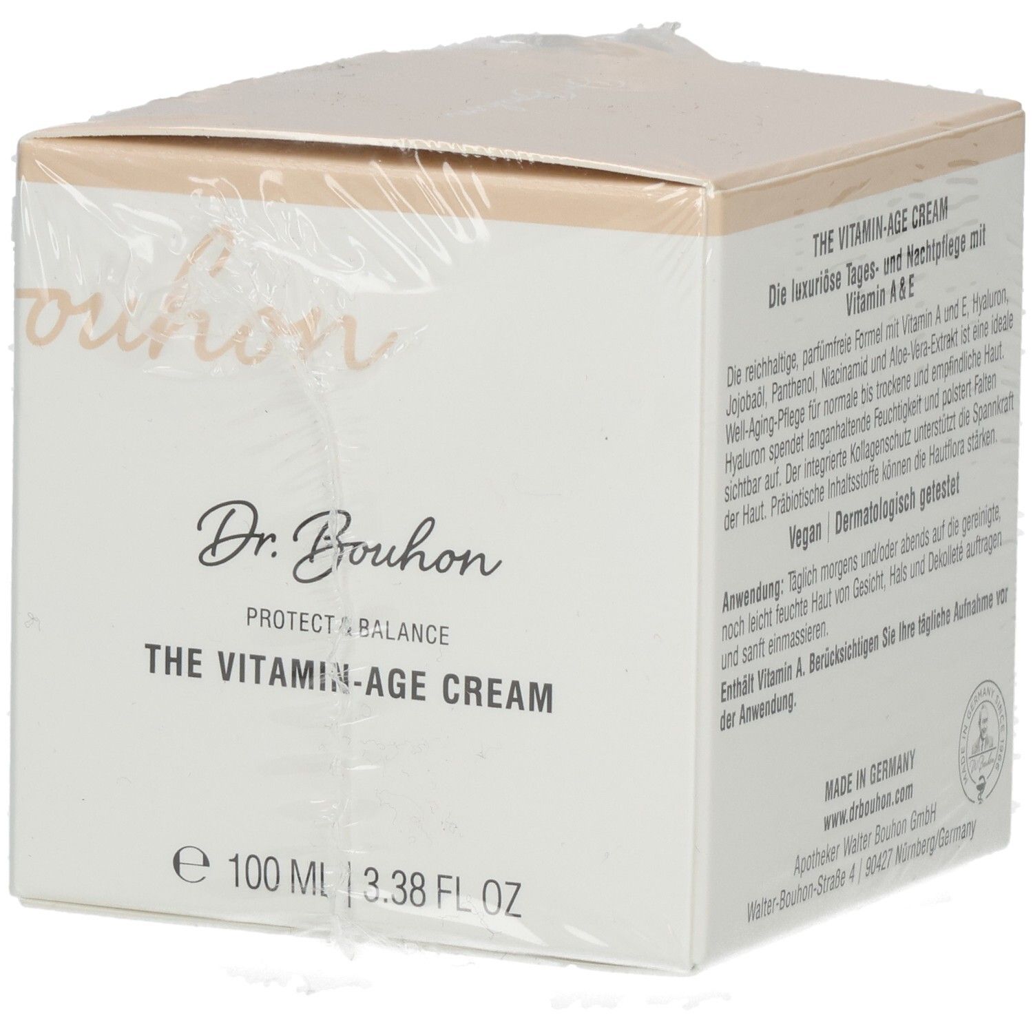 Verpackung von Dr. Bouhon The Vitamin-Age Cream. Weißer Karton mit Produktnamen und Logo. 100 ml.