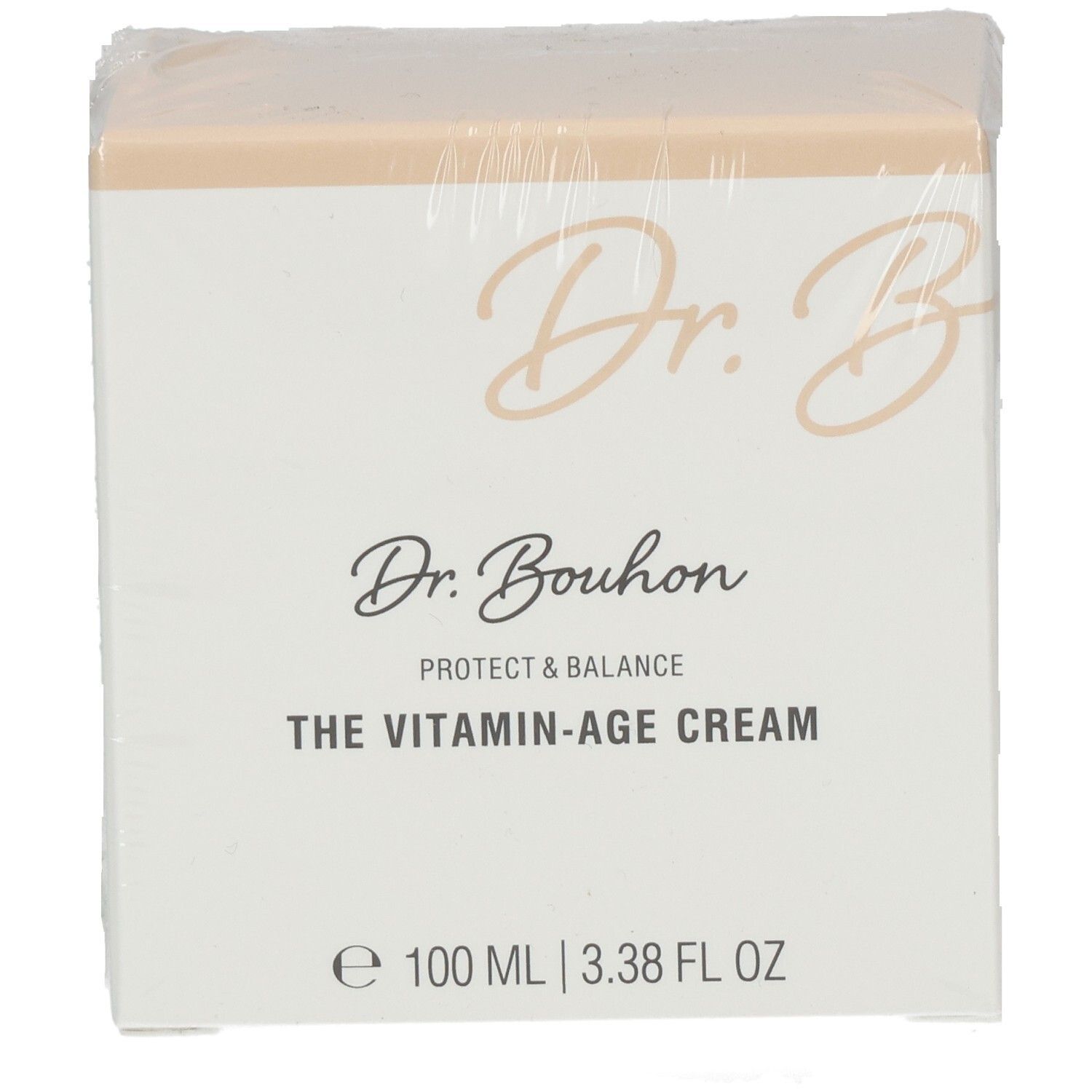 Vorderseite der Verpackung von Dr. Bouhon The Vitamin-Age Cream. Weißer Karton mit Produktnamen und Logo. 100 ml.