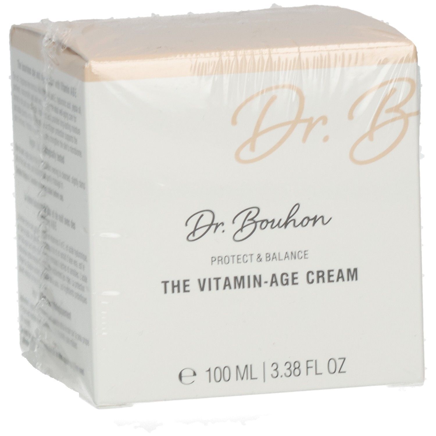 Verpackung von Dr. Bouhon The Vitamin-Age Cream. Weißer Karton mit Produktnamen und Logo. 100 ml.