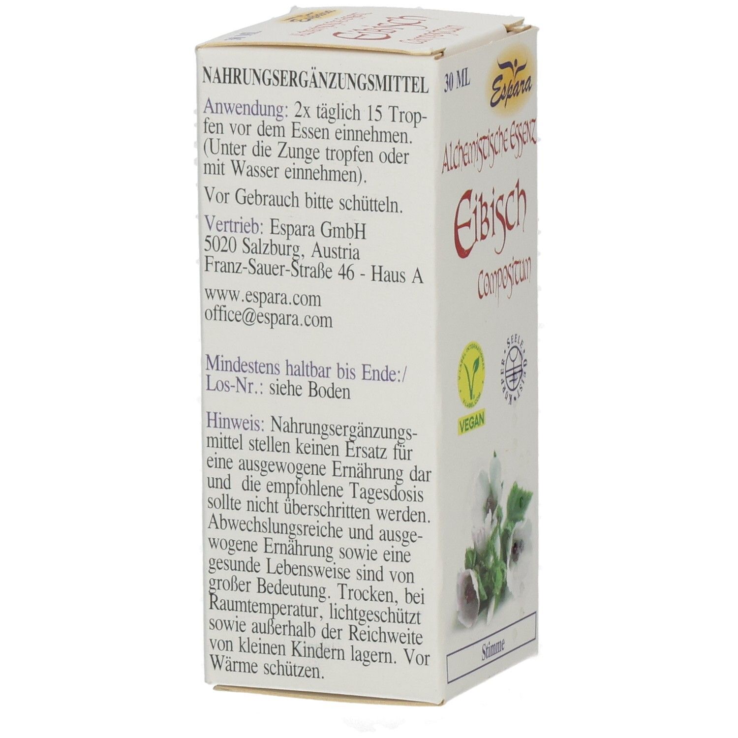 Rückseite der Kartonverpackung mit Text. Vegan-Siegel und floraler Illustration. Enthält Informationen zur Anwendung.