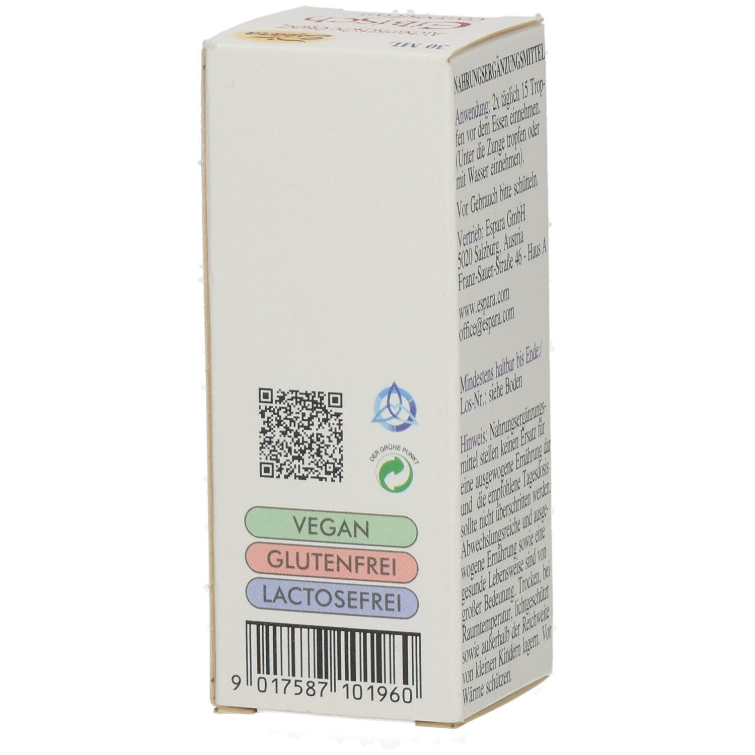 Kartonverpackung mit QR-Code, Vegan-, Glutenfrei- und Laktosefrei-Siegeln. Text auf weißem Hintergrund.