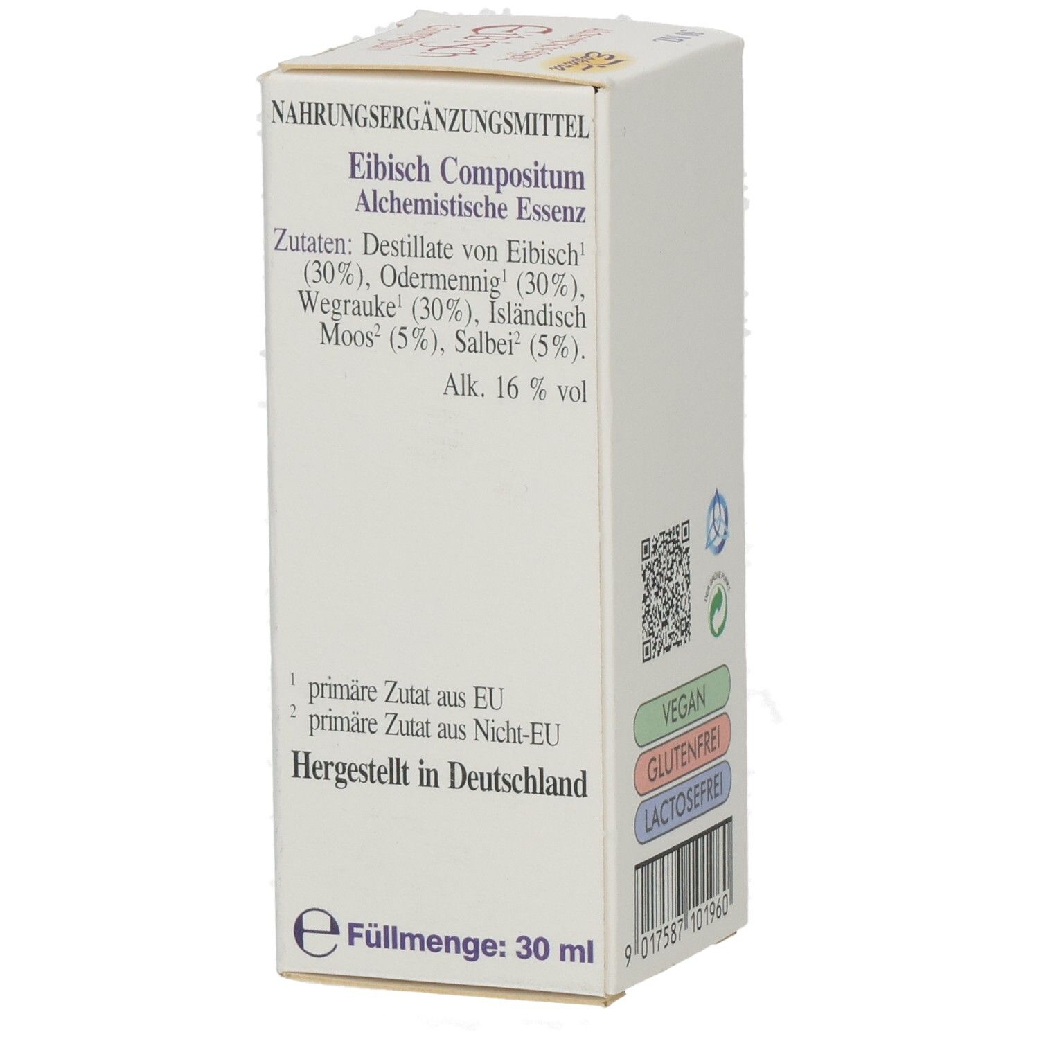 Seitenansicht der Kartonverpackung mit Zutatenliste und Vegan-Siegel. Hergestellt in Deutschland.