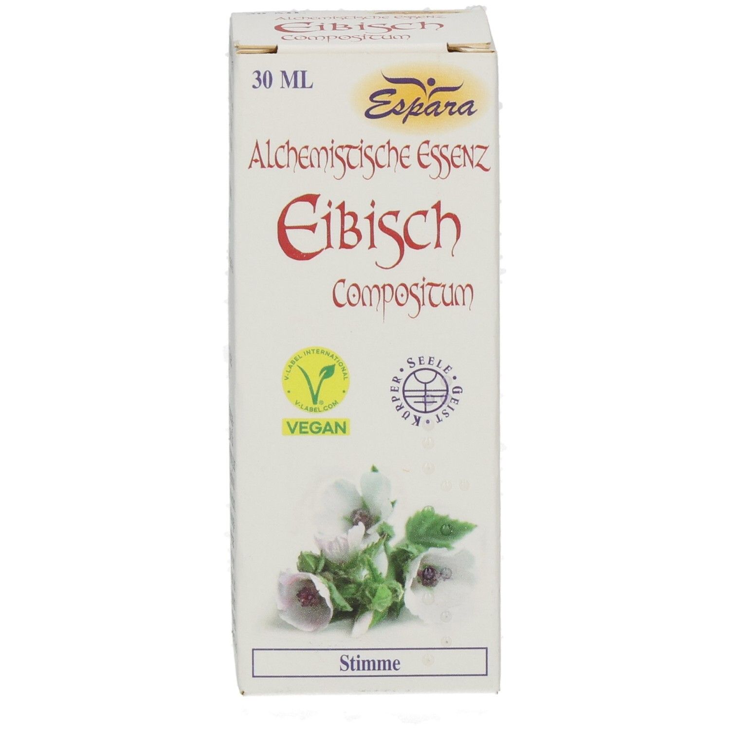 Kartonverpackung mit Produktnamen Eibisch Compositum. Vegan-Siegel und floraler Illustration. 30 ml.