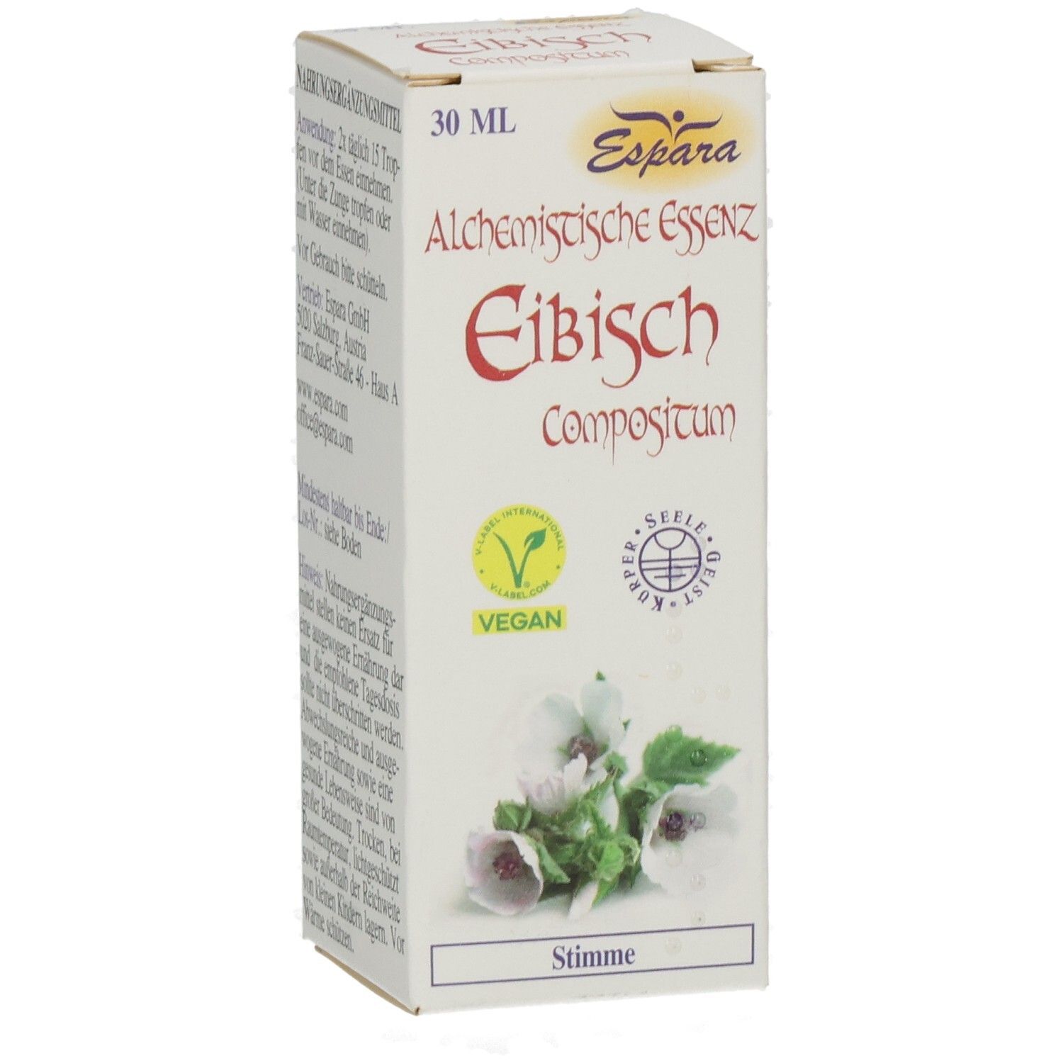 Kartonverpackung mit Produktnamen Eibisch Compositum. Vegan-Siegel und floraler Illustration. 30 ml.