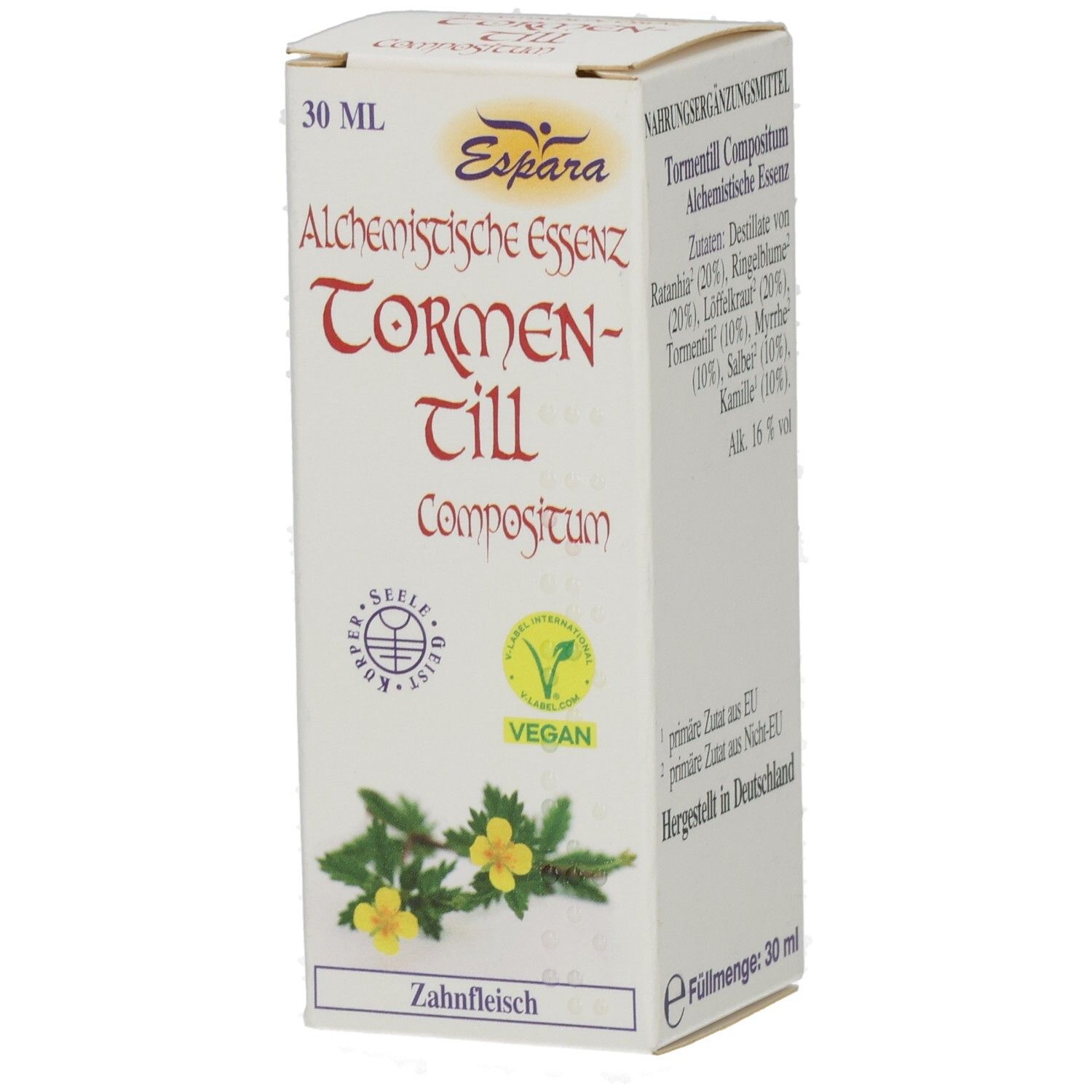 Weiße Faltschachtel mit Produktnamen und Logo. Enthält 30 ml. Vegan-Siegel. Text: Espara, Alchemistische Essenz Tormentill Compositum.