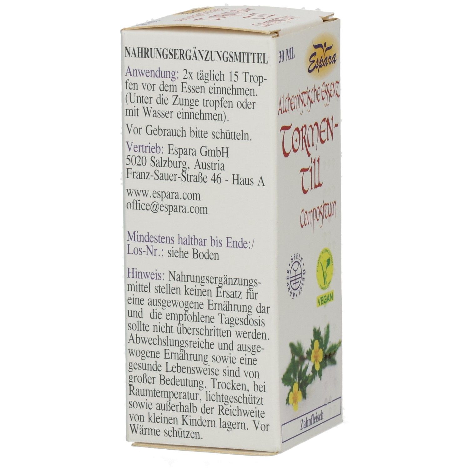 Weiße Faltschachtel mit Text. Enthält Informationen zur Anwendung und Inhaltsstoffen. Vegan-Siegel. Text: Espara, Mindestens haltbar bis Ende.
