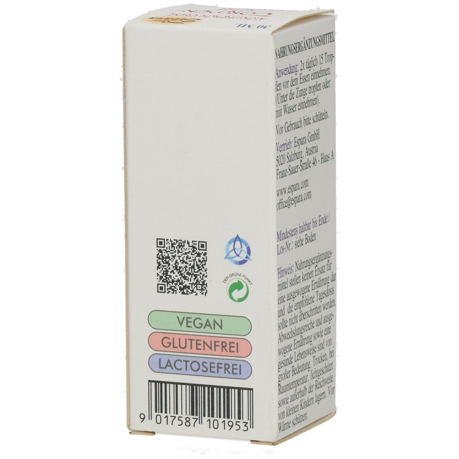 Weiße Faltschachtel mit Text und Logos. Enthält QR-Code, Vegan-, Glutenfrei- und Lactosefrei-Siegel. Text: Vegan, Glutenfrei, Lactosefrei.