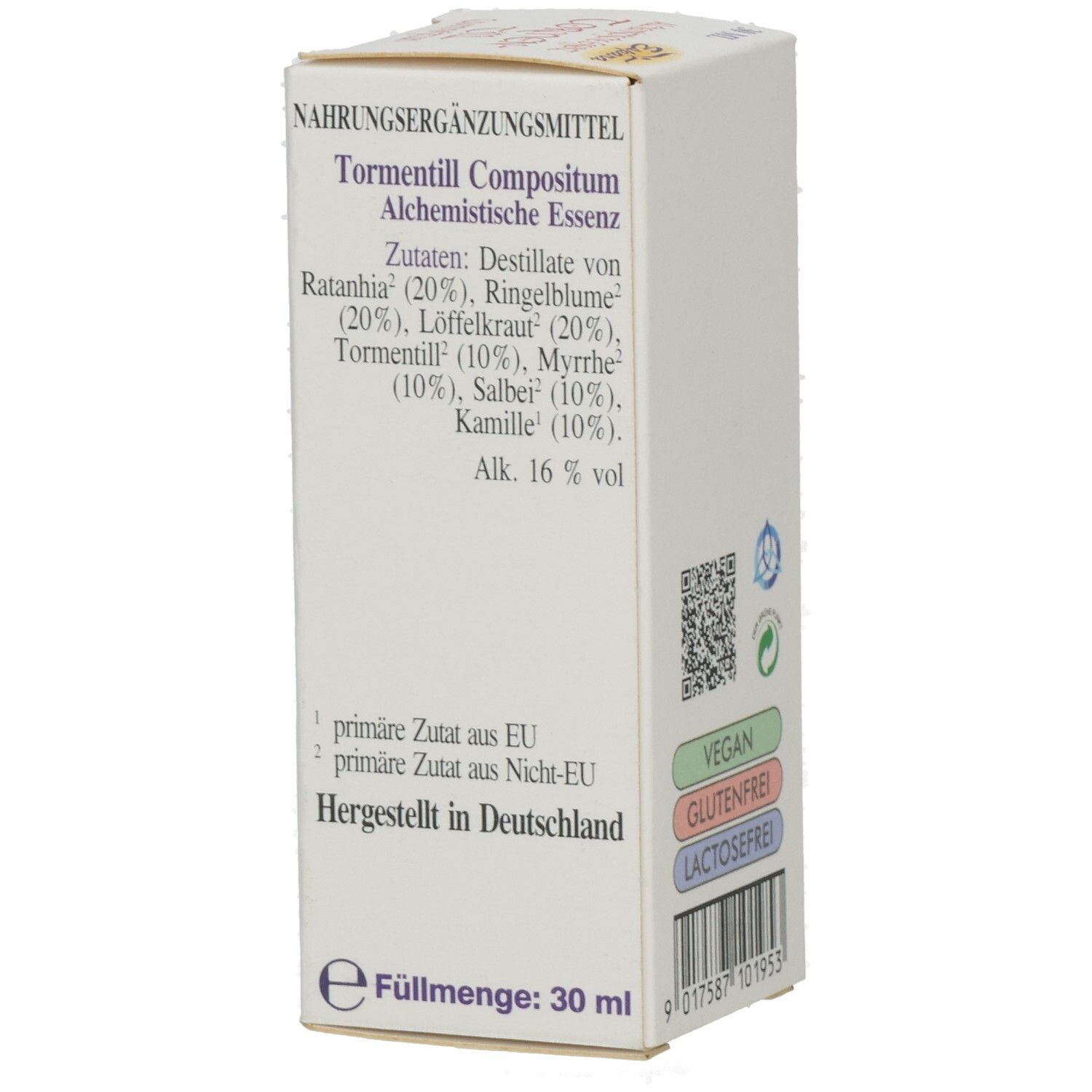Weiße Faltschachtel mit Text. Enthält Informationen zu Inhaltsstoffen und Hersteller. Vegan-Siegel. Text: Tormentill Compositum, 30 ml.
