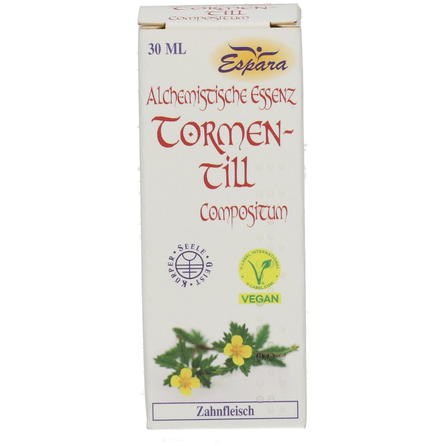 Weiße Faltschachtel mit Produktnamen und Logo. Enthält 30 ml. Vegan-Siegel. Text: Espara, Alchemistische Essenz Tormentill Compositum.