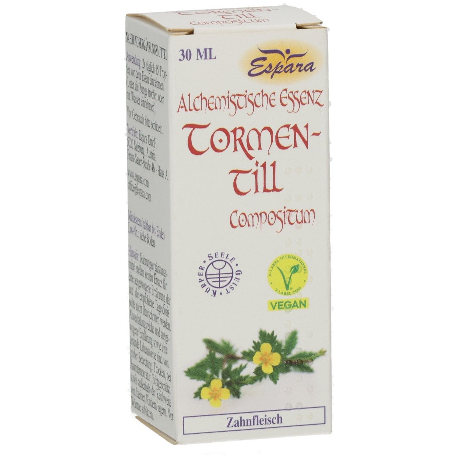 Weiße Faltschachtel mit Produktnamen und Logo. Enthält 30 ml. Text: Espara, Alchemistische Essenz Tormentill Compositum.