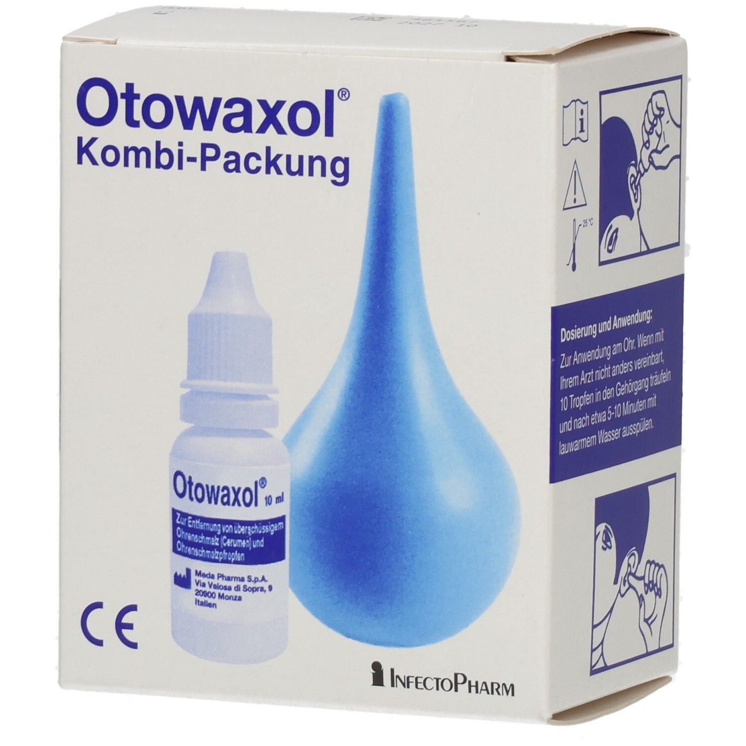 Kombi-Packung mit Tropfflasche und Ohrspülballon. Produktname und CE-Zeichen sichtbar. Herstellerlogo unten rechts.