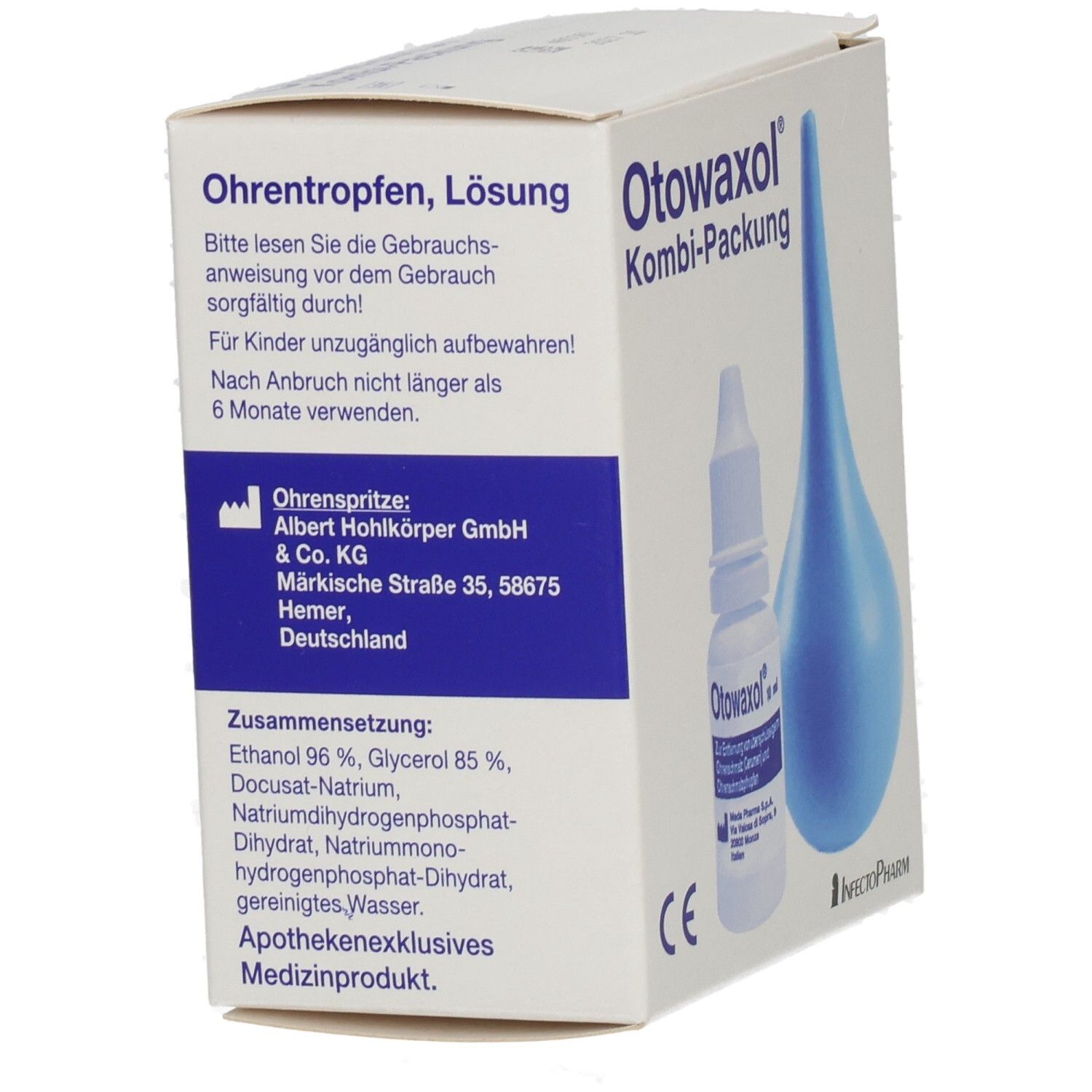 Produktverpackung mit Text. Produktname und Kombi-Packung. Zusammensetzung und Herstelleradresse. CE-Zeichen.