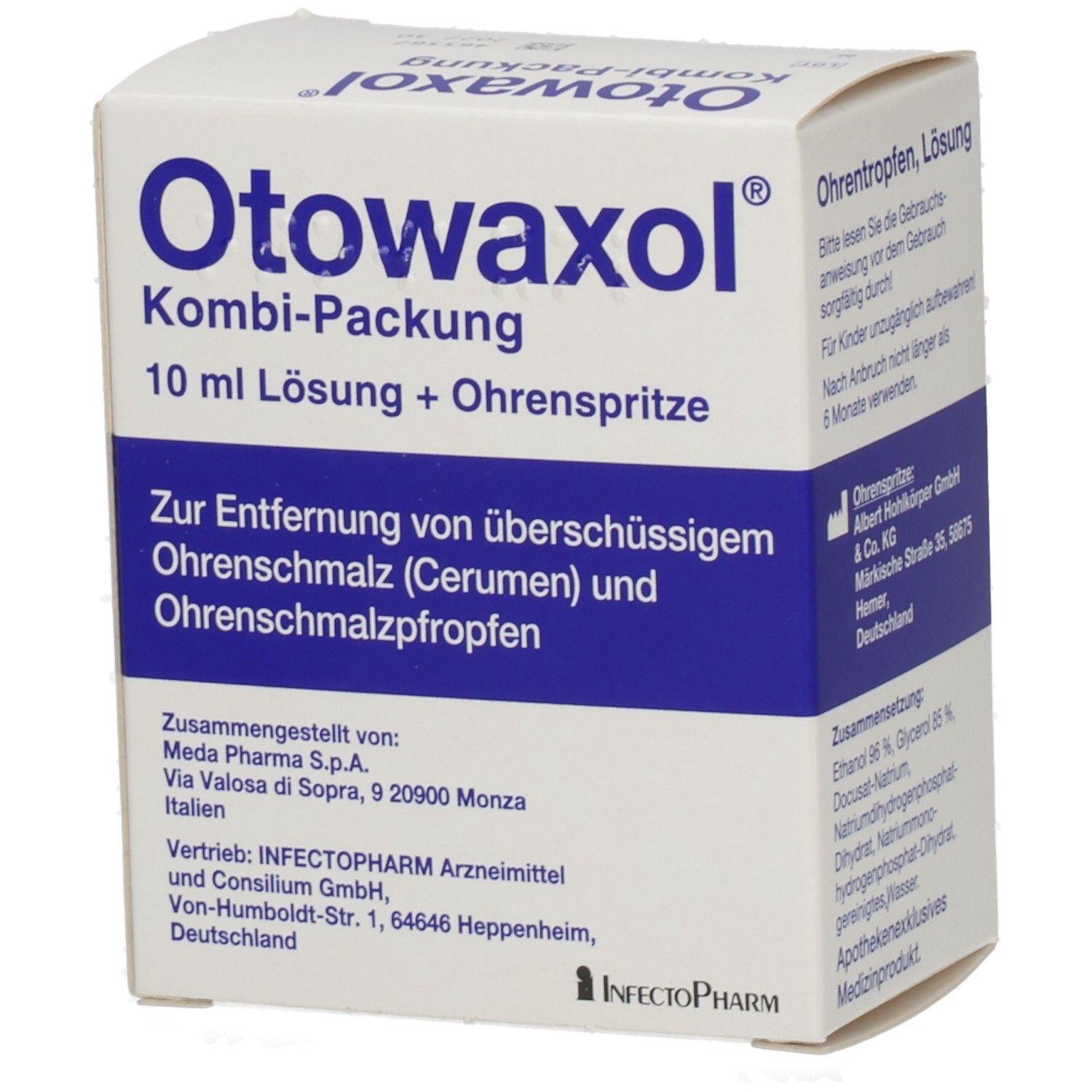 Produktverpackung mit Text. Produktname und Kombi-Packung. 10 ml Lösung + Ohrspritze. Herstellerinformationen.