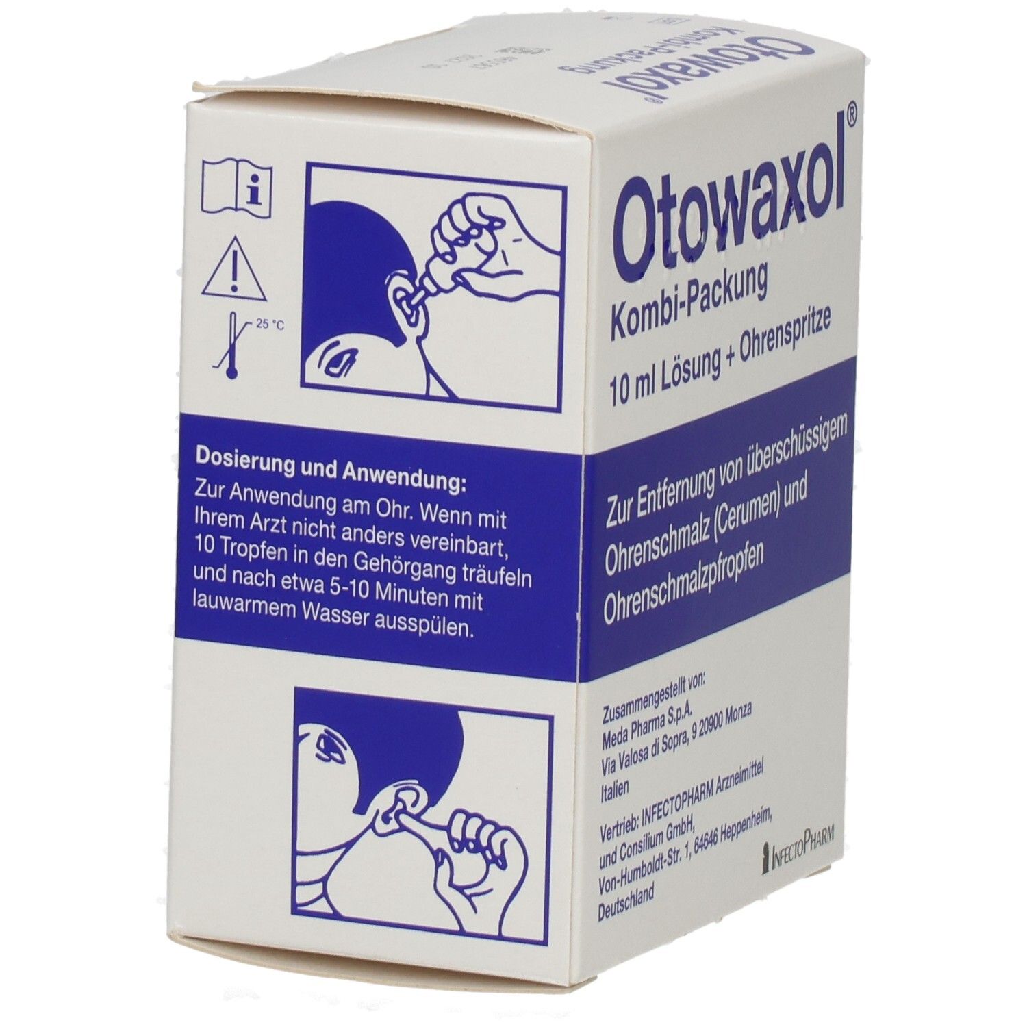 Produktverpackung mit Text und Illustrationen. Produktname und Kombi-Packung. 10 ml Lösung + Ohrspritze. Anwendungsanleitung.