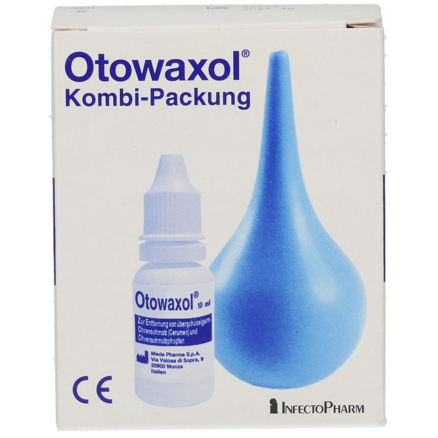 Produktverpackung mit Tropfflasche und Ohrspülballon. Produktname und CE-Zeichen sichtbar. Herstellerlogo unten rechts.
