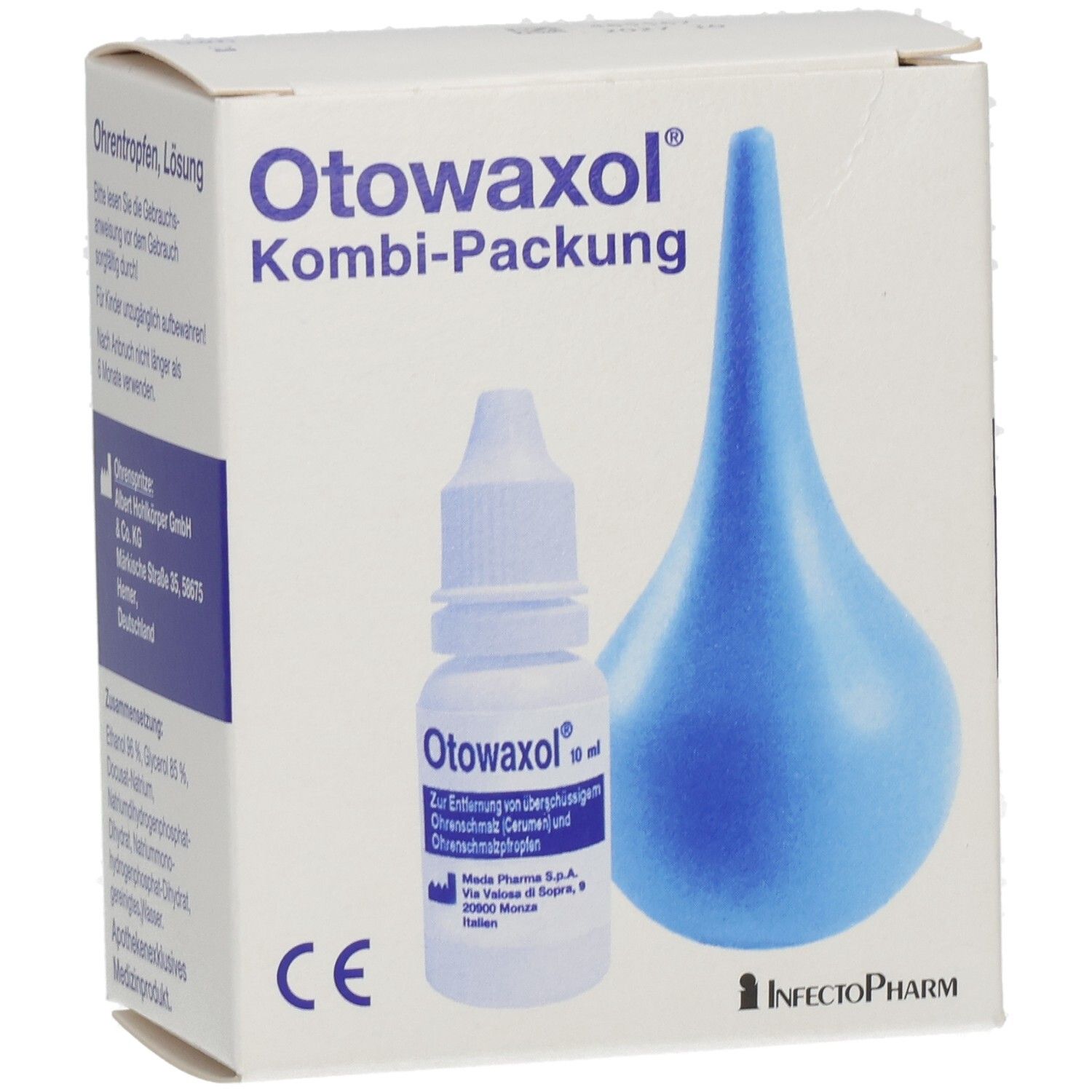 Produktverpackung mit Tropfflasche und Ohrspülballon. Produktname und CE-Zeichen sichtbar. Herstellerlogo unten rechts.