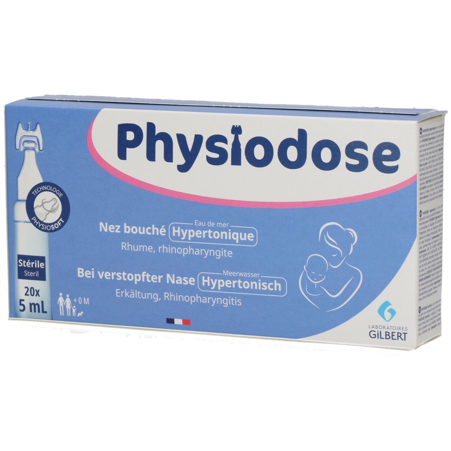 Blau-weiße Schachtel mit Produktnamen Physiodose. Text: Nez bouché Hypertonique, Rhume, rhinopharyngite. 20x5 ml Ampullen.