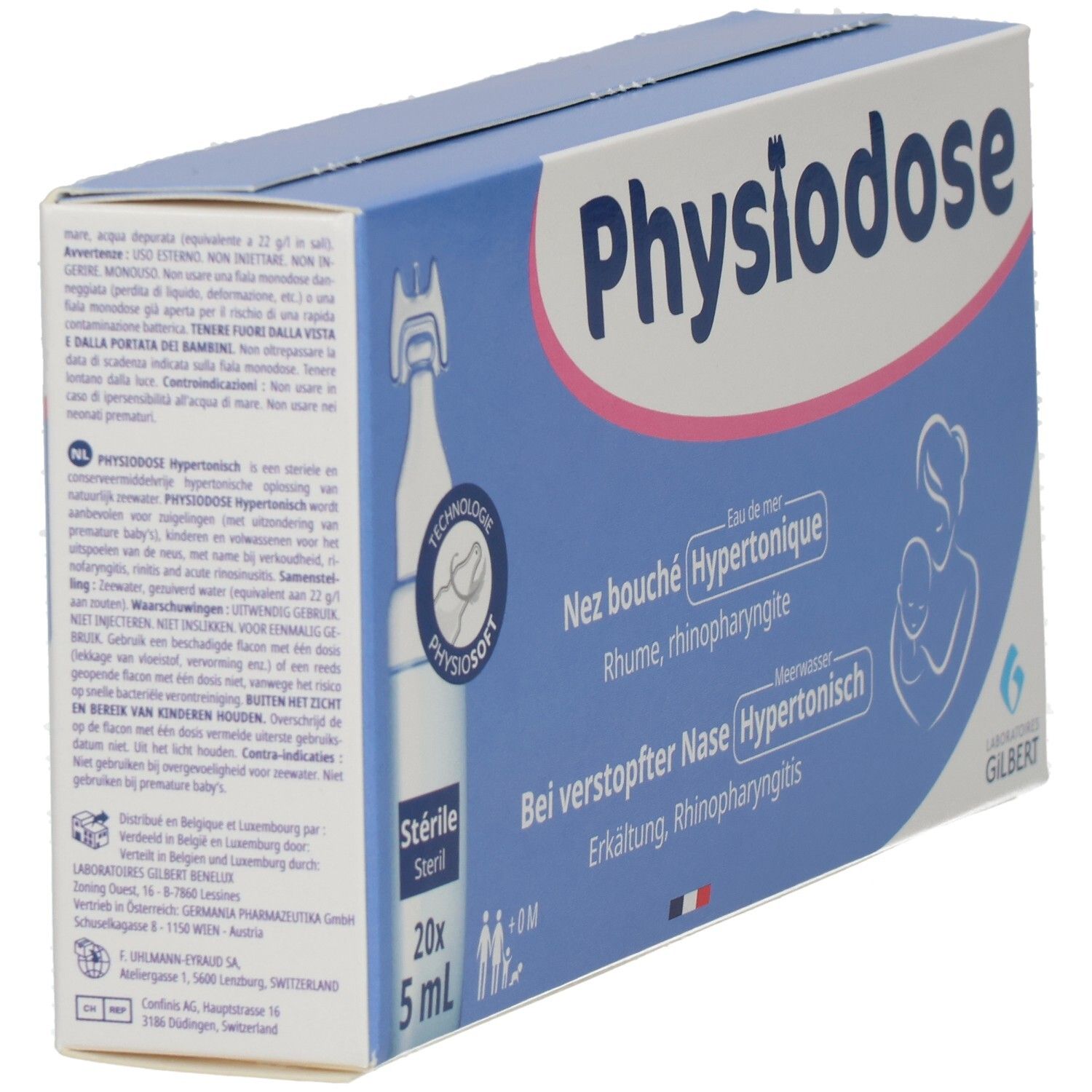 Blau-weiße Schachtel Physiodose. Text: Nez bouché Hypertonique, Rhume, rhinopharyngite. 20x5 ml Ampullen. Rückseite mit Text.