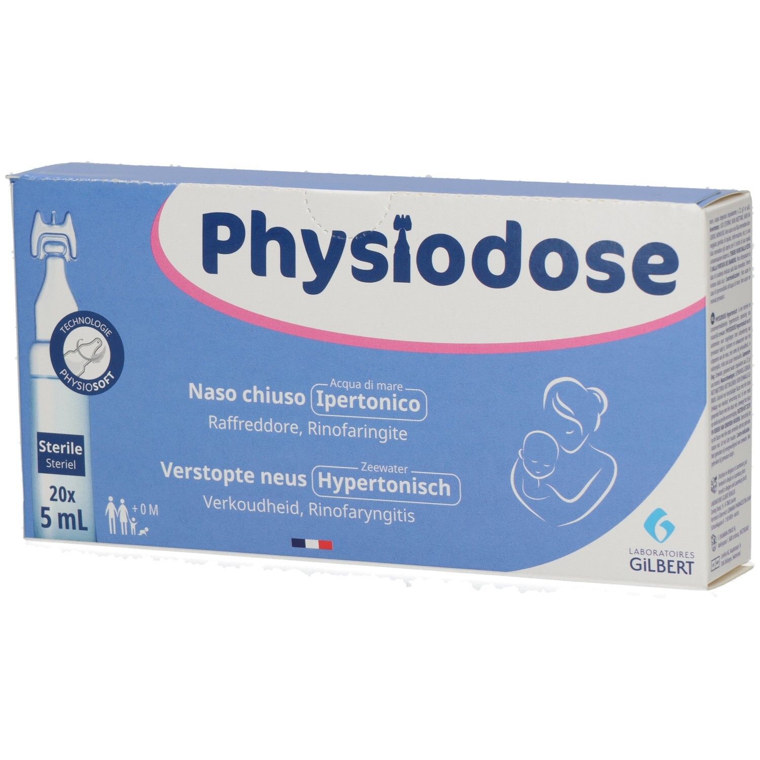 Blau-weiße Schachtel Physiodose. Text: Naso chiuso Ipertonico, Raffreddore, rinofaringite. 20x5 ml Ampullen.