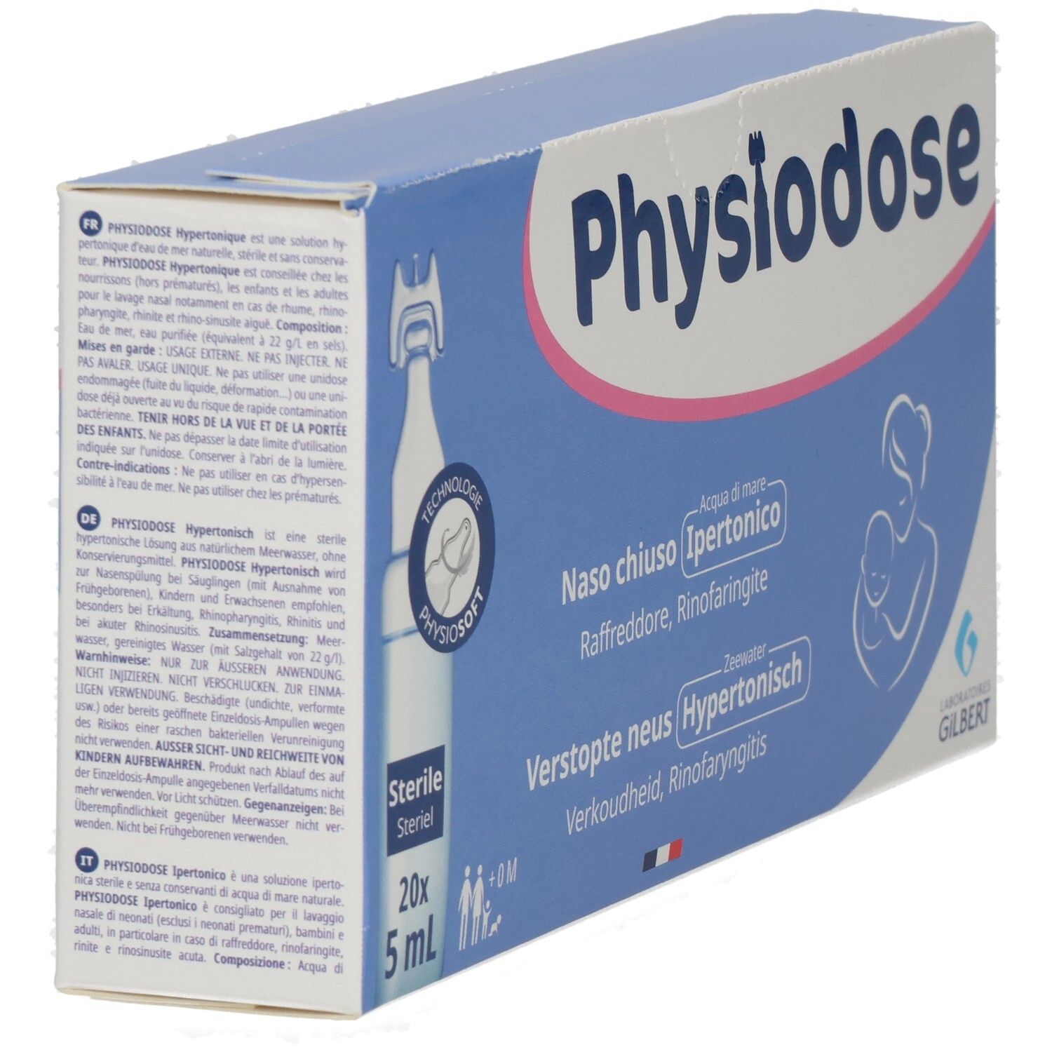 Blau-weiße Schachtel Physiodose. Text: Naso chiuso Ipertonico, Raffreddore, rinofaringite. 20x5 ml Ampullen. Rückseite mit Text.