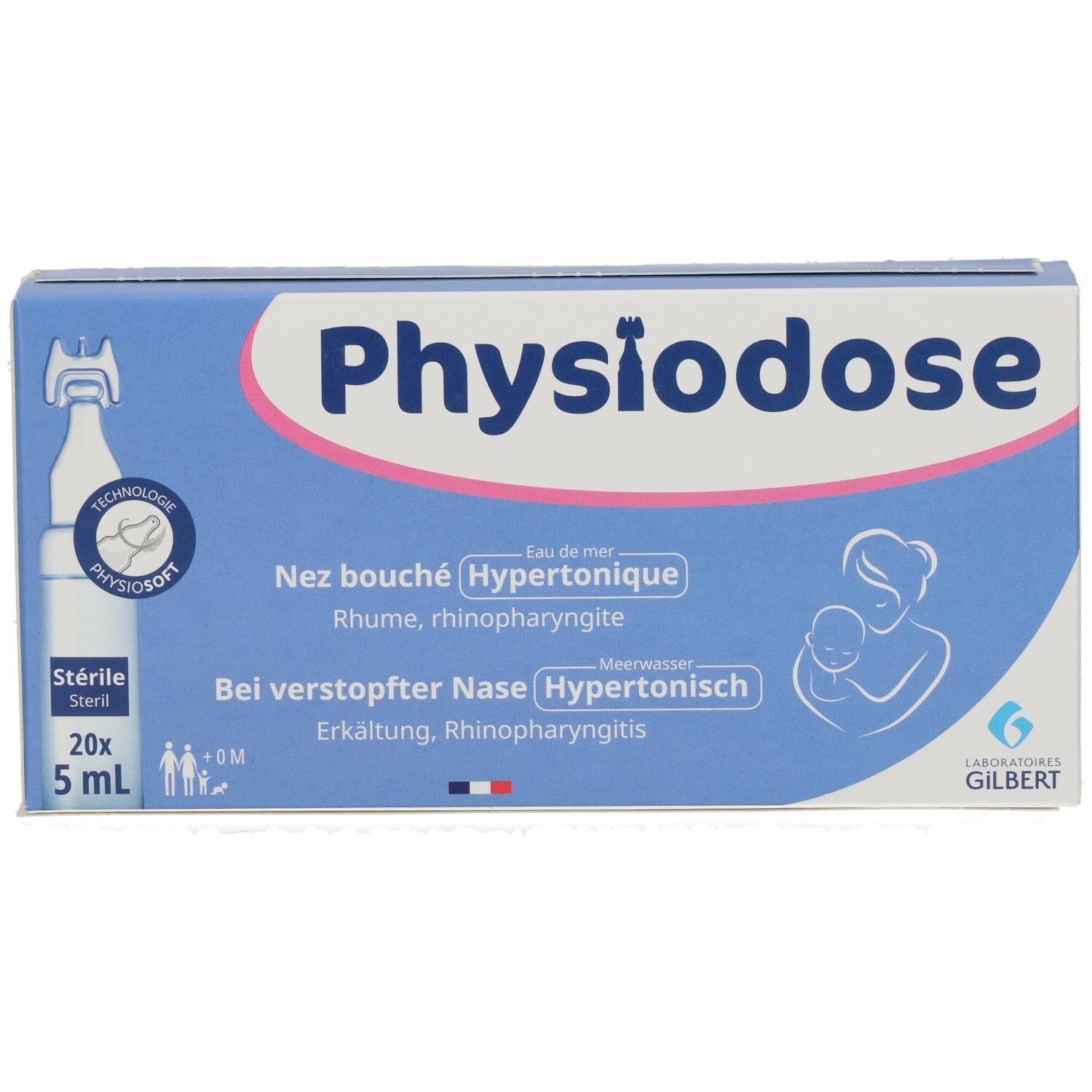 Blau-weiße Schachtel Physiodose. Text: Nez bouché Hypertonique, Rhume, rhinopharyngite. 20x5 ml Ampullen.