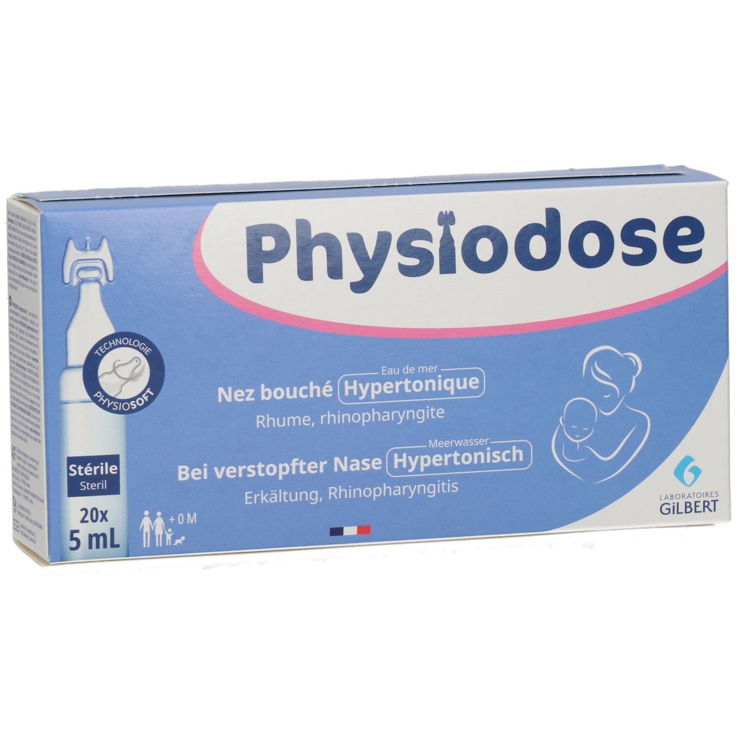 Blau-weiße Schachtel Physiodose. Text: Nez bouché Hypertonique, Rhume, rhinopharyngite. 20x5 ml Ampullen.