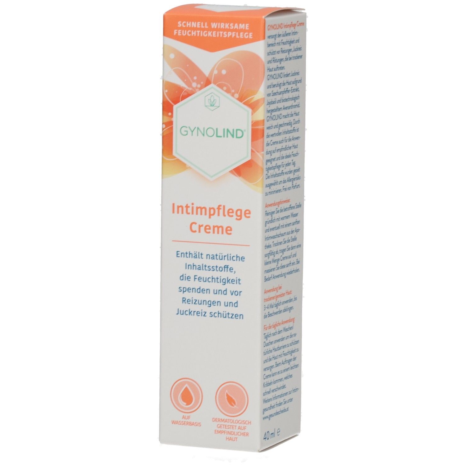 Karton GYNOLIND Intimpflege Creme. Weiß, orangefarbene Akzente. Text: Intimpflege Creme, enthält natürliche Inhaltsstoffe, spendet Feuchtigkeit.