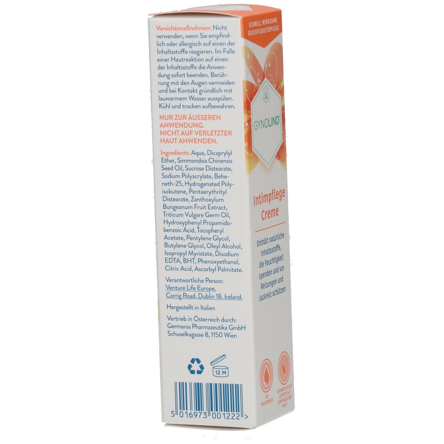 Rückseite der GYNOLIND Intimpflege Creme Verpackung. Enthält Inhaltsstoffe, Warnhinweise und Herstellerinformationen.