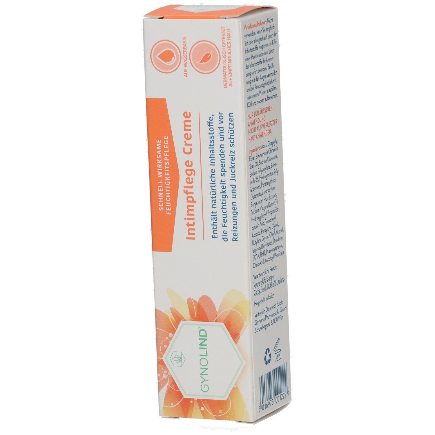 Schrägansicht der GYNOLIND Intimpflege Creme Verpackung. Text: Intimpflege Creme, enthält natürliche Inhaltsstoffe, spendet Feuchtigkeit.