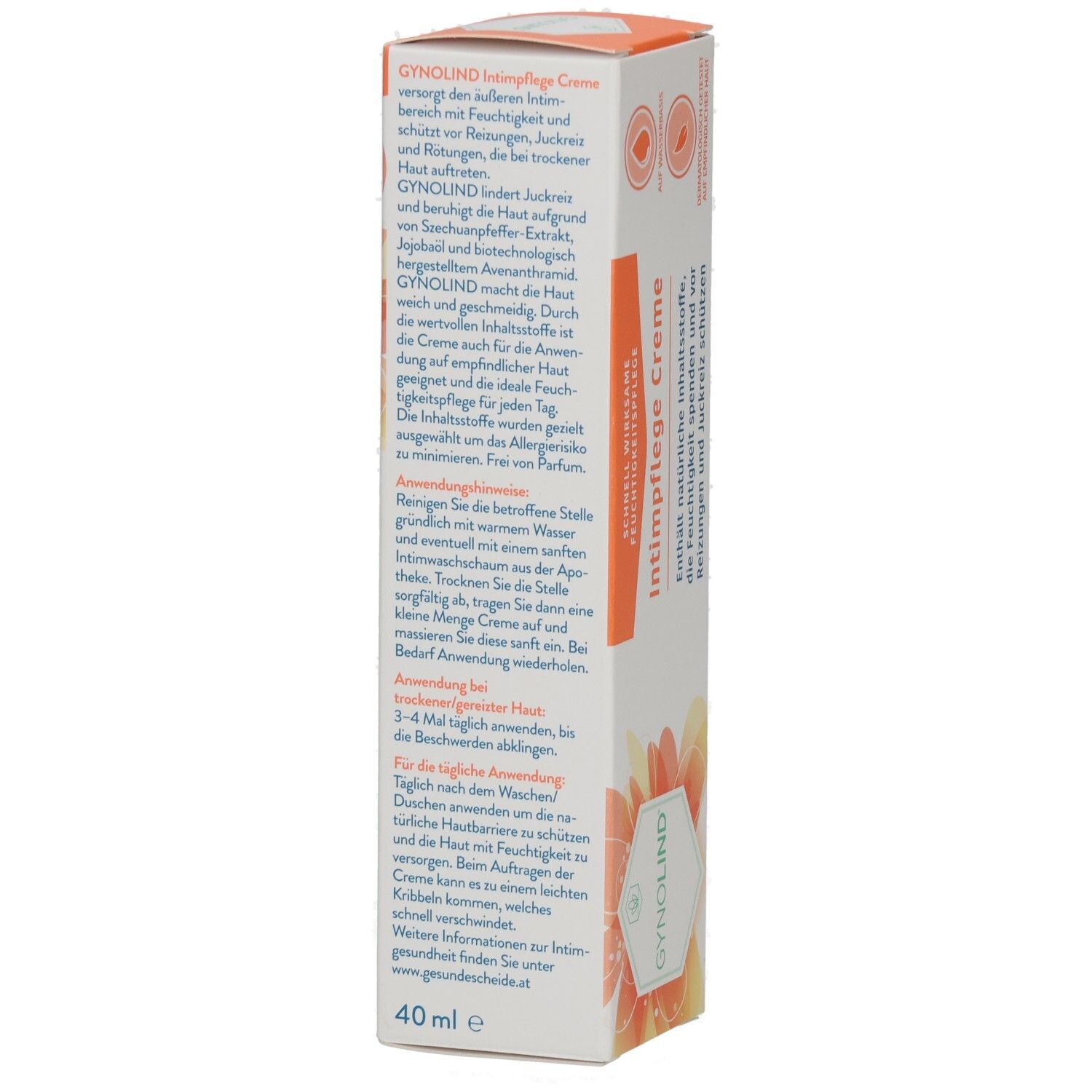 Seite der GYNOLIND Intimpflege Creme Verpackung. Enthält Anwendungshinweise und weitere Informationen.