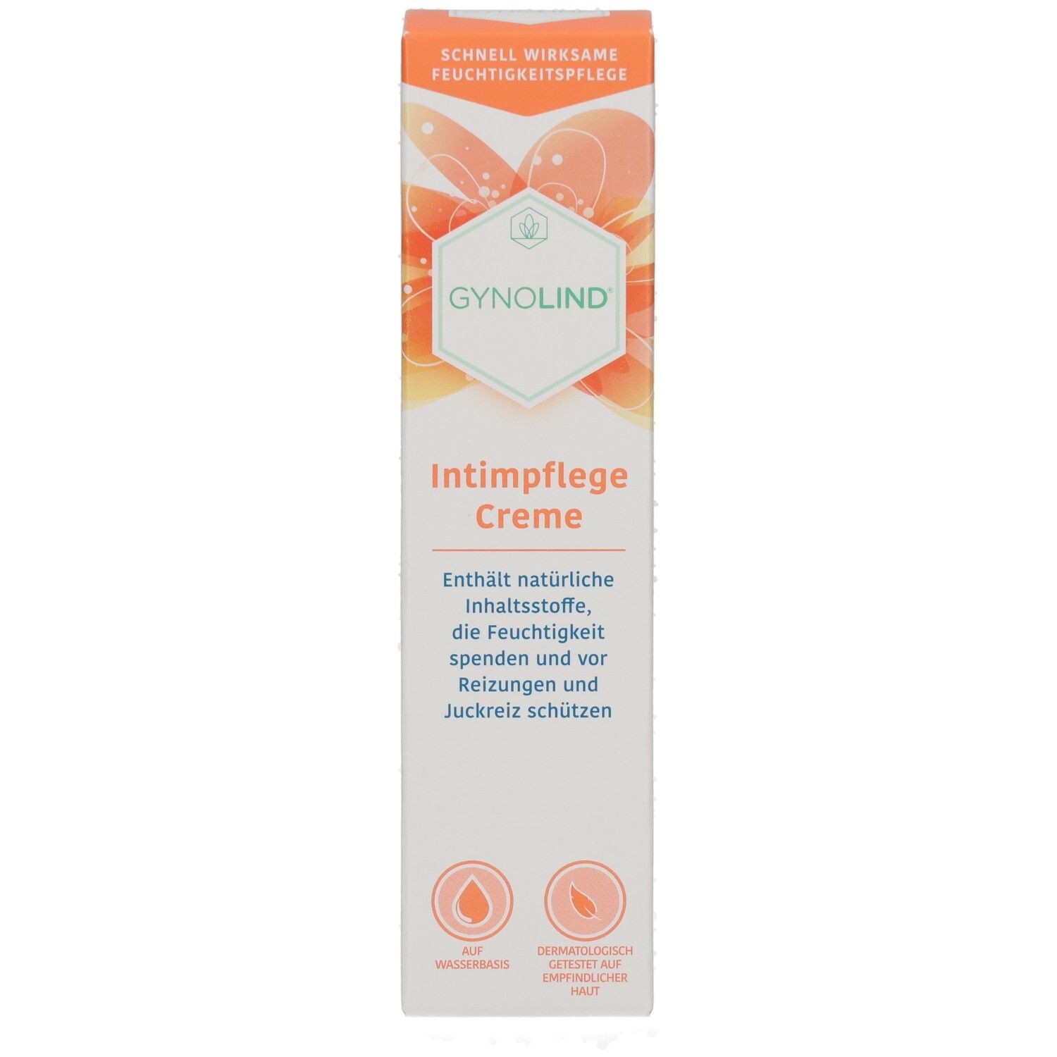 Vorderseite der GYNOLIND Intimpflege Creme Verpackung. Text: Intimpflege Creme, enthält natürliche Inhaltsstoffe, spendet Feuchtigkeit.