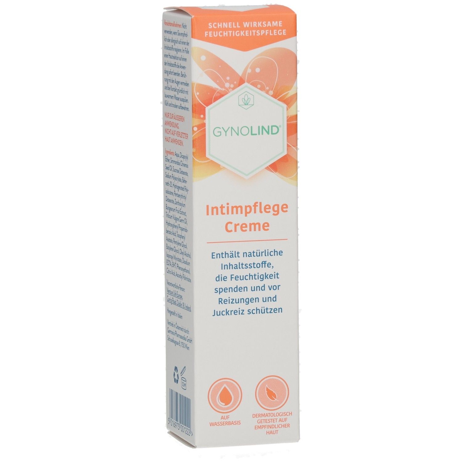 Vorderseite der GYNOLIND Intimpflege Creme Verpackung. Text: Intimpflege Creme, enthält natürliche Inhaltsstoffe, spendet Feuchtigkeit.