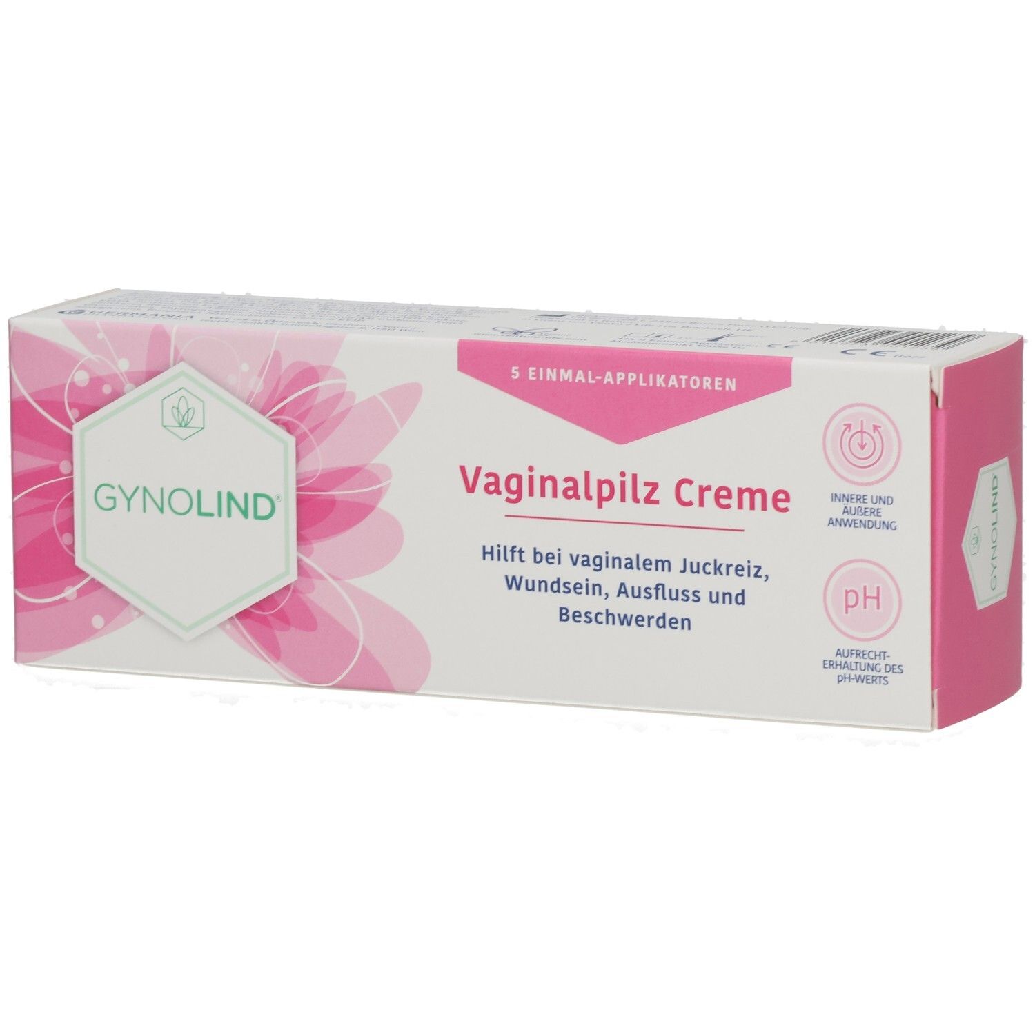 Gynolind Vaginalpilz Creme-Verpackung. Rosa-weiß, mit Produktnamen und Text. Enthält 5 Applikatoren. pH-Wert-Symbol.
