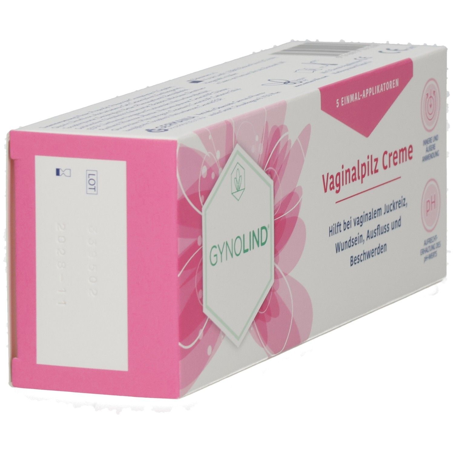 Gynolind Vaginalpilz Creme-Verpackung. Rosa-weiß, mit Produktnamen und Text. Enthält 5 Applikatoren. Seitenansicht.
