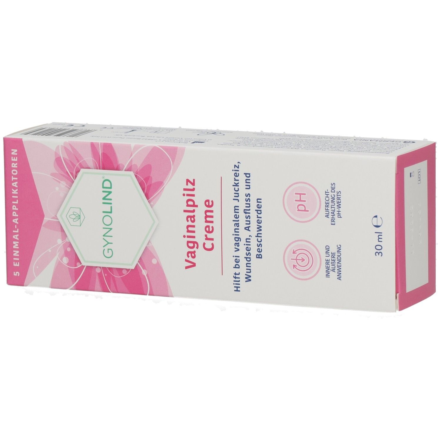 Gynolind Vaginalpilz Creme-Verpackung. Rosa-weiß, mit Produktnamen und Text. Enthält 5 Applikatoren. 30 ml.