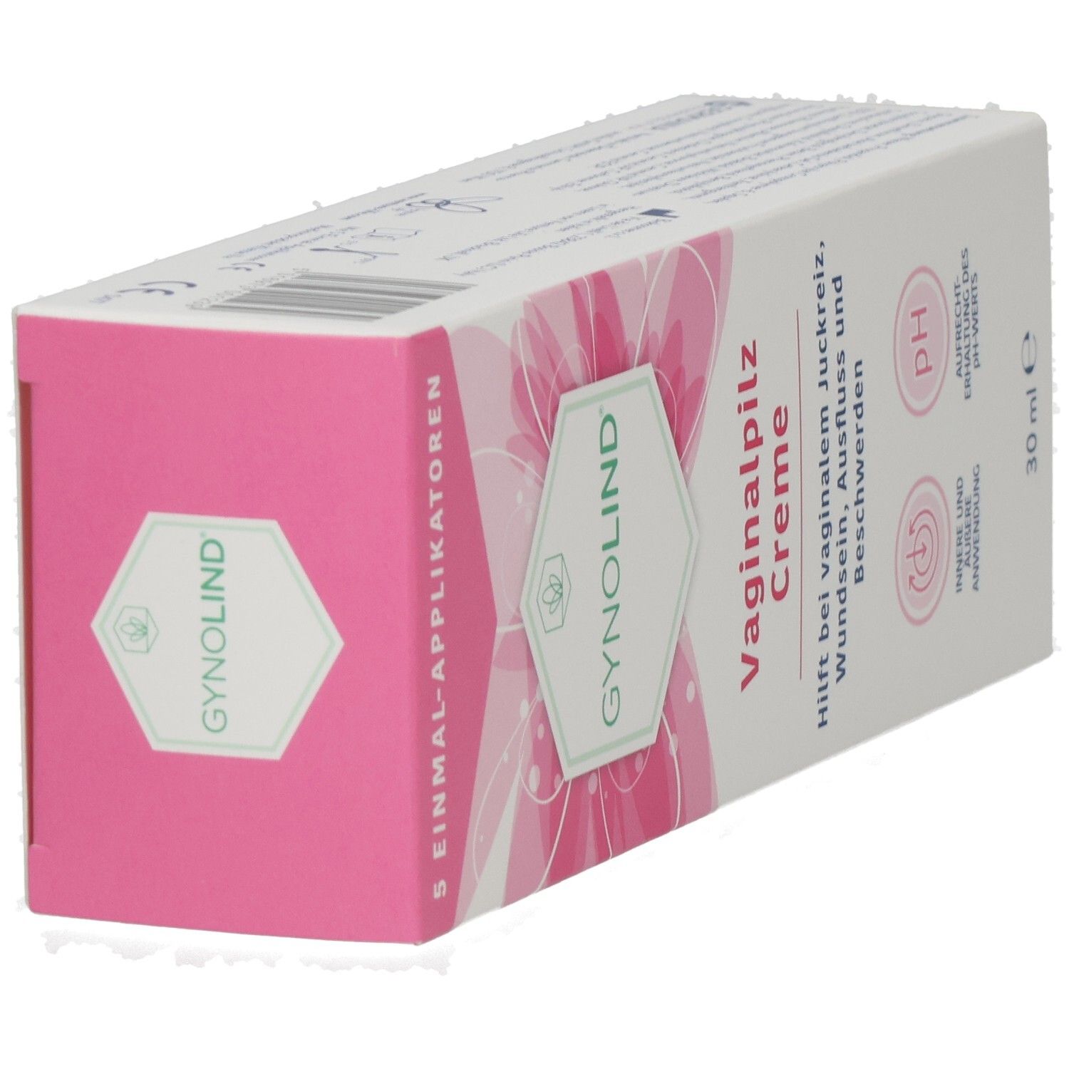 Gynolind Vaginalpilz Creme-Verpackung. Rosa-weiß, mit Produktnamen und Text. Enthält 5 Applikatoren. Schräge Ansicht.