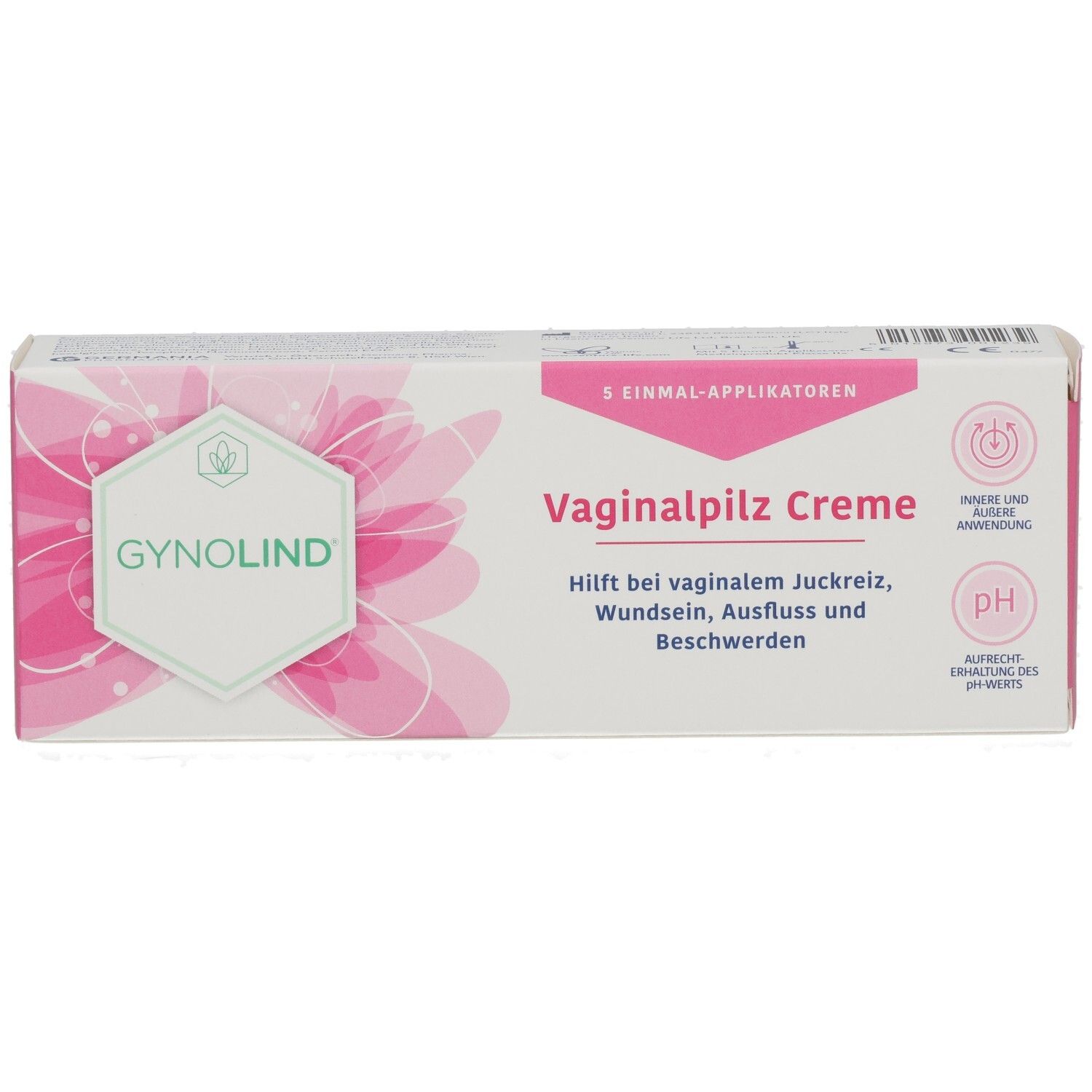 Gynolind Vaginalpilz Creme-Verpackung. Rosa-weiß, mit Produktnamen und Text. Enthält 5 Applikatoren. pH-Wert-Symbol.