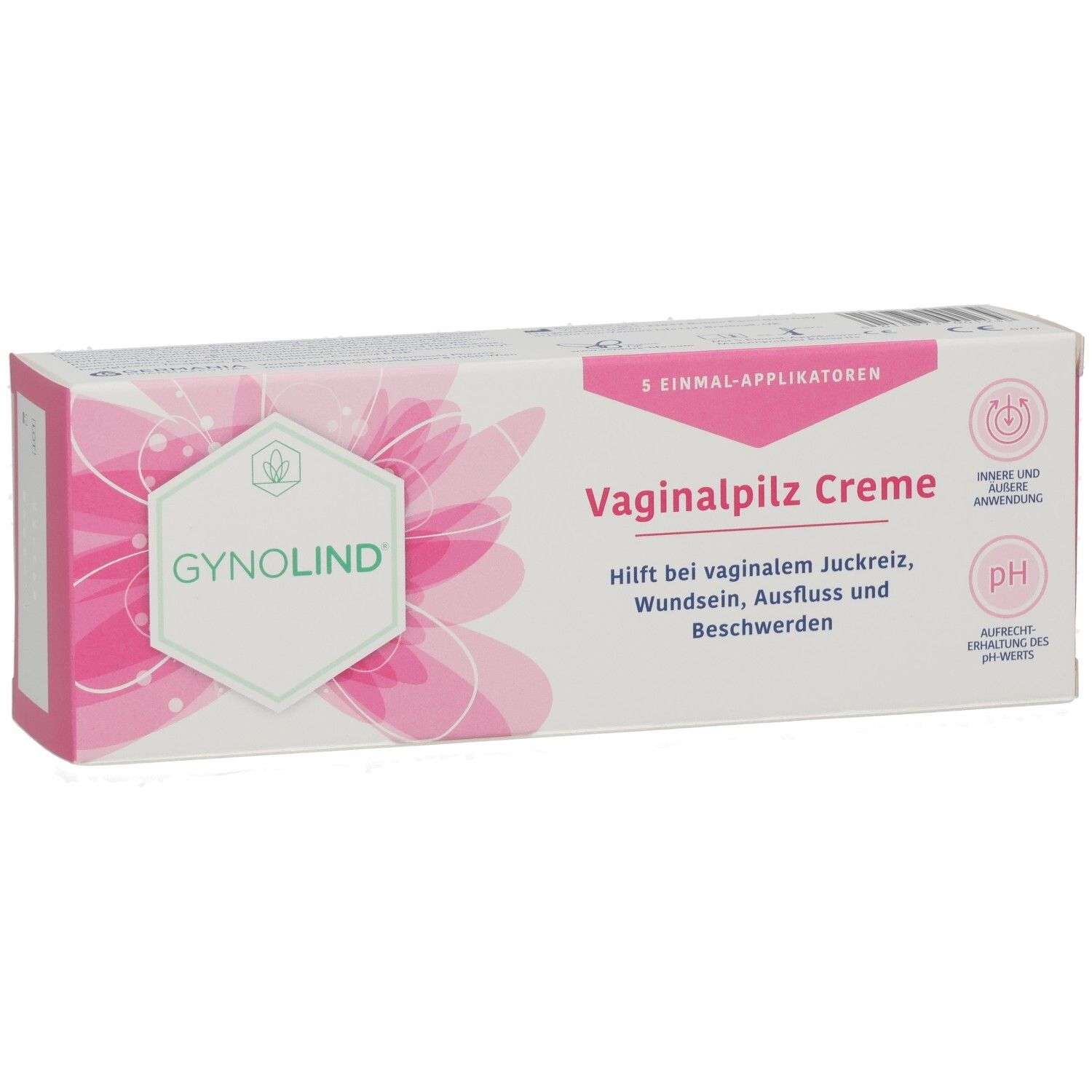 Gynolind Vaginalpilz Creme-Verpackung. Rosa-weiß, mit Produktnamen und Text. Enthält 5 Applikatoren. pH-Wert-Symbol.