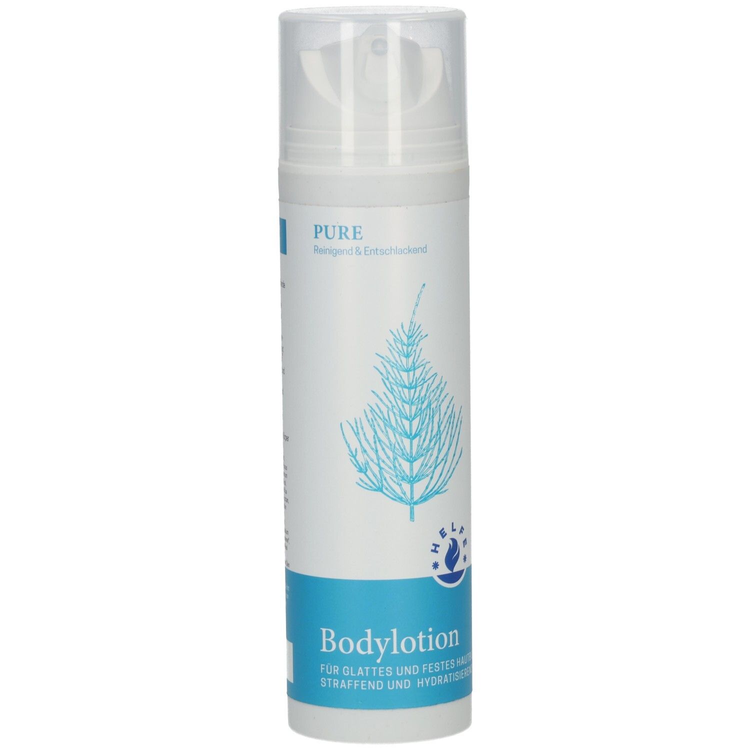 Weiße Flasche mit Sprühkopf. Aufschrift: PURE, Bodylotion. Blaues Design mit Pflanzenmotiv. HELFE-Logo.