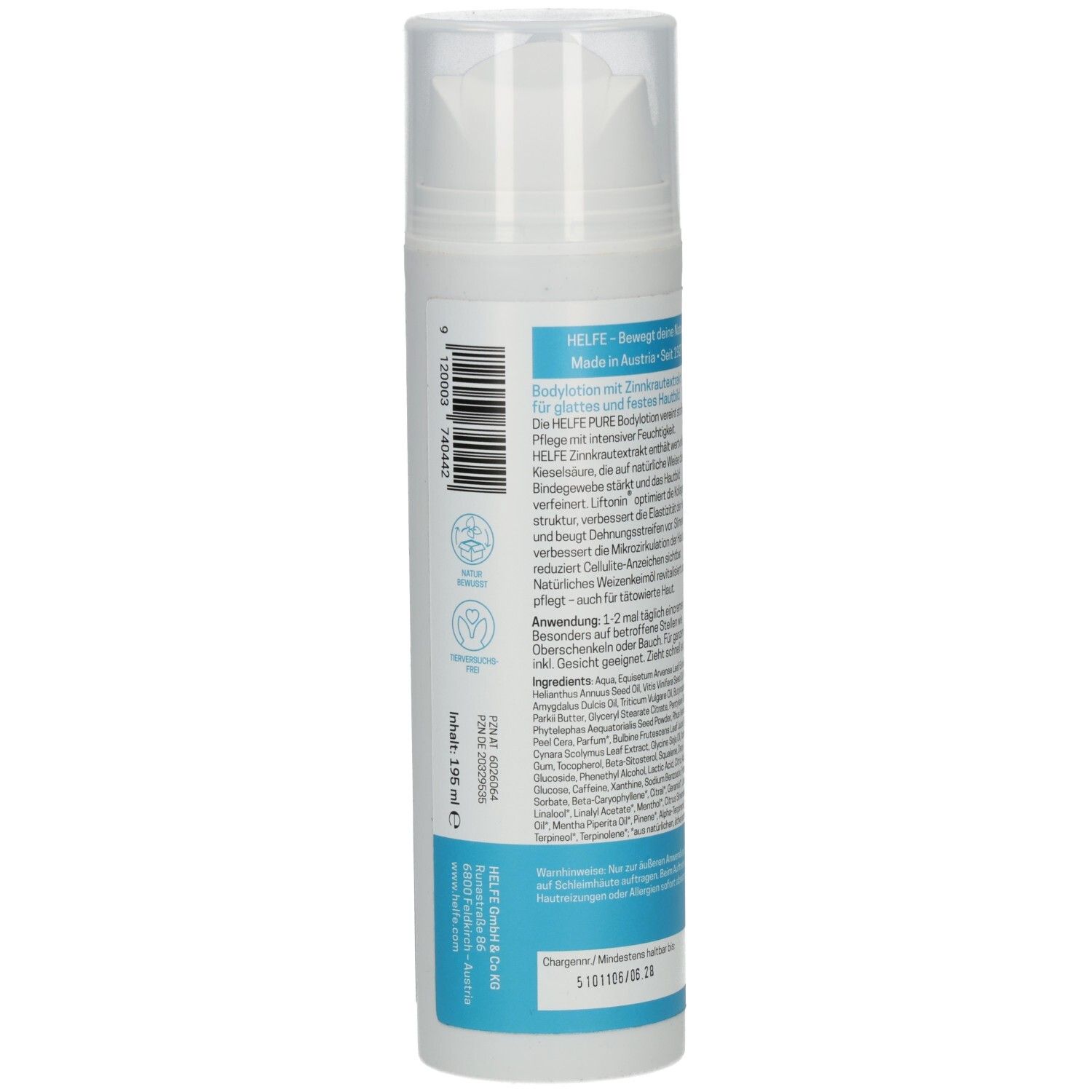 Weiße Flasche mit Sprühkopf. Rückseite mit Text, Inhaltsstoffen und Zertifizierungen. HELFE-Logo. 150 ml.