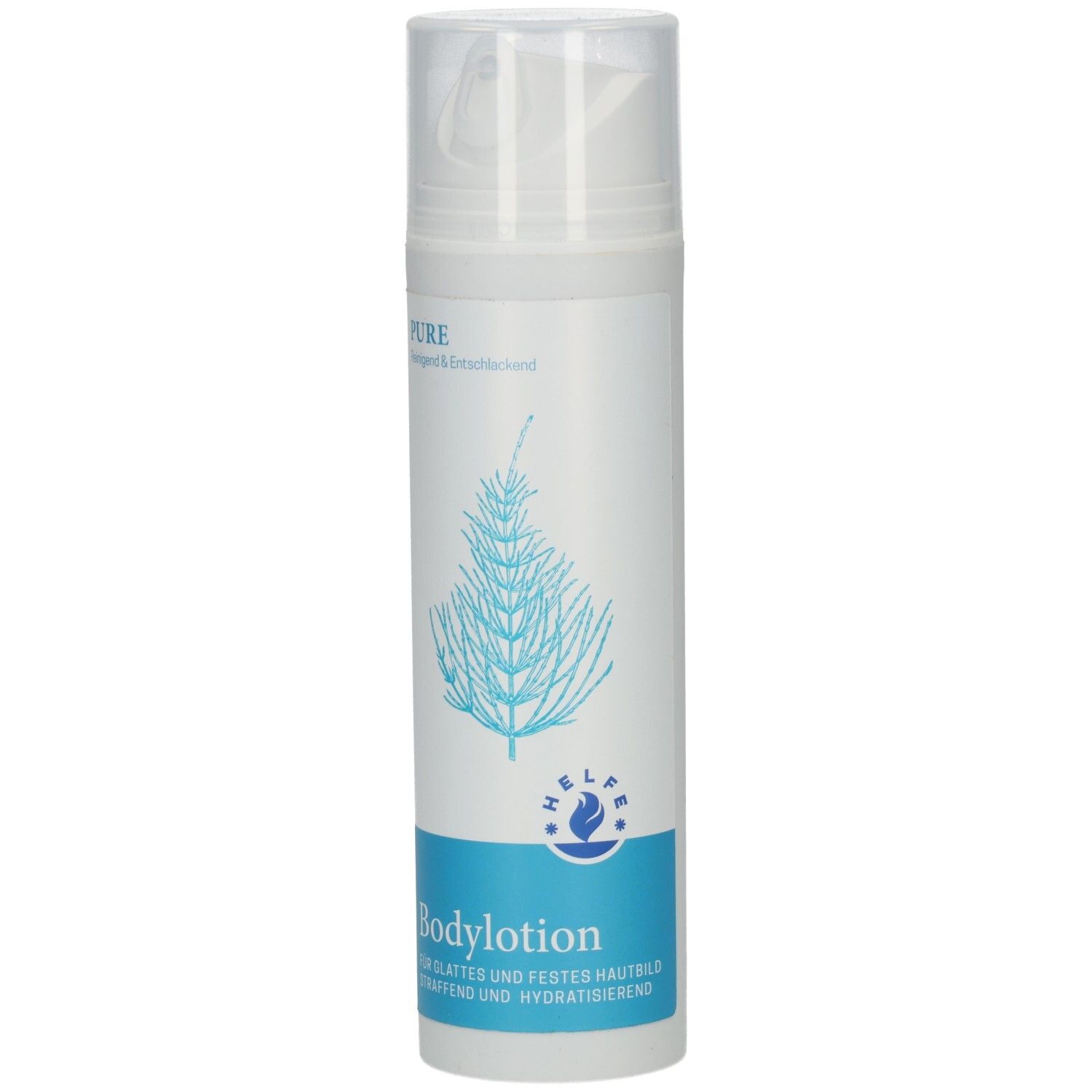 Weiße Flasche mit Sprühkopf. Aufschrift: PURE, Bodylotion. Blaues Design mit Pflanzenmotiv. HELFE-Logo.